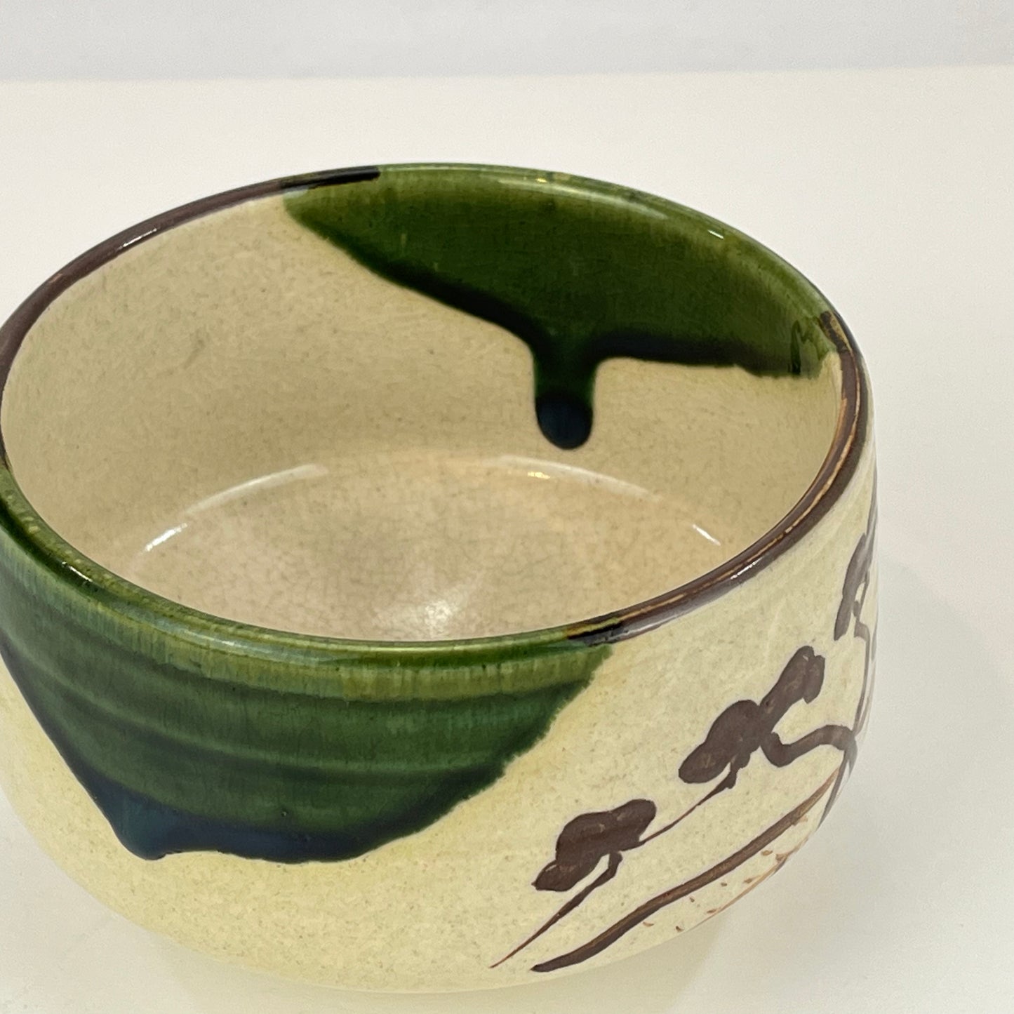 Signed Oribewear Tea Ceremony Chawan Tea Bowl Green Spot Drips & Pine Trees