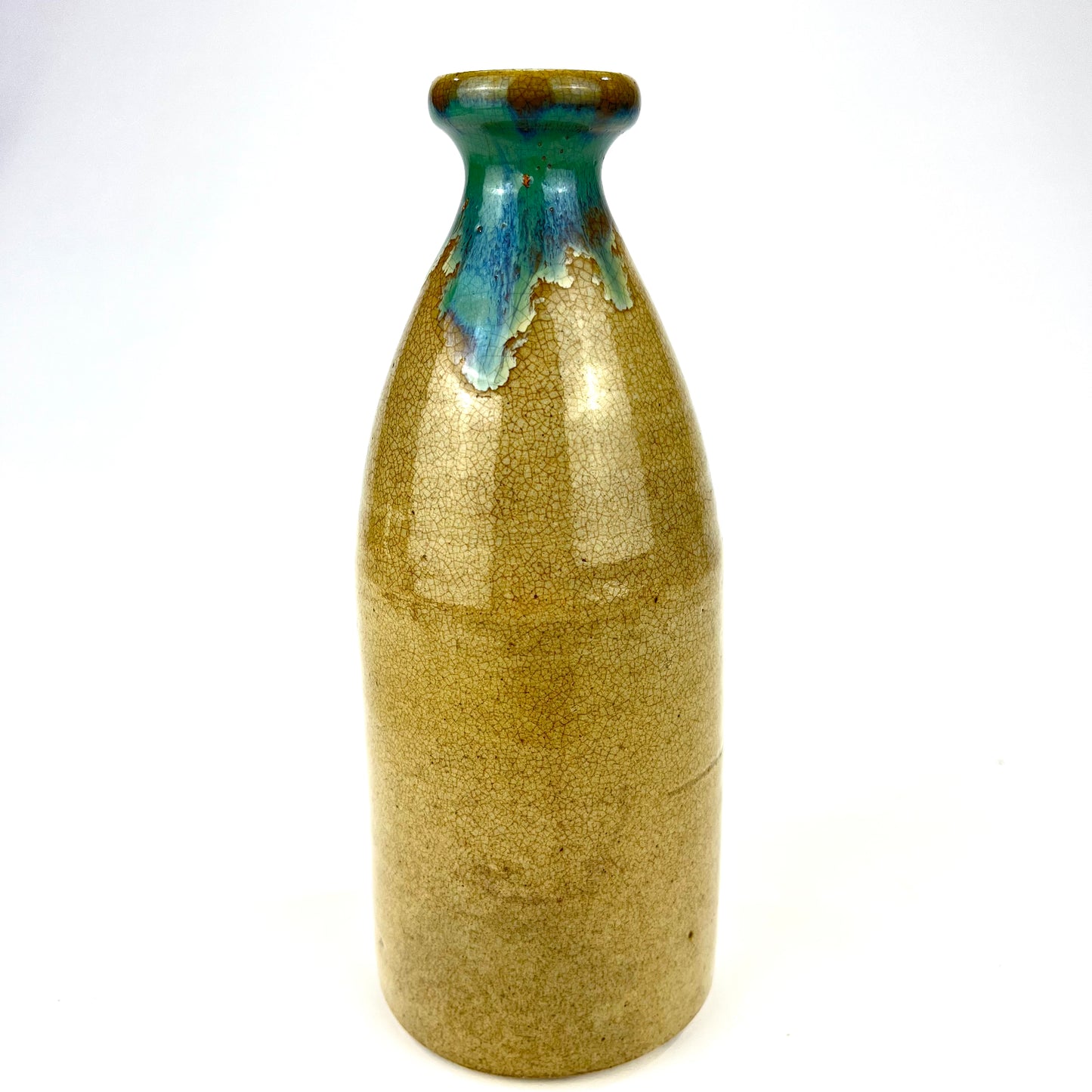 Antique Japanese Sake Bottle Tokkuri Blue Hares Fur Glaze Spout 8”