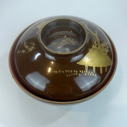 Antique Japanese Edo Era (c1850) Brown Lacquer Makie Wooden Lidded Soup / Rice Bowl