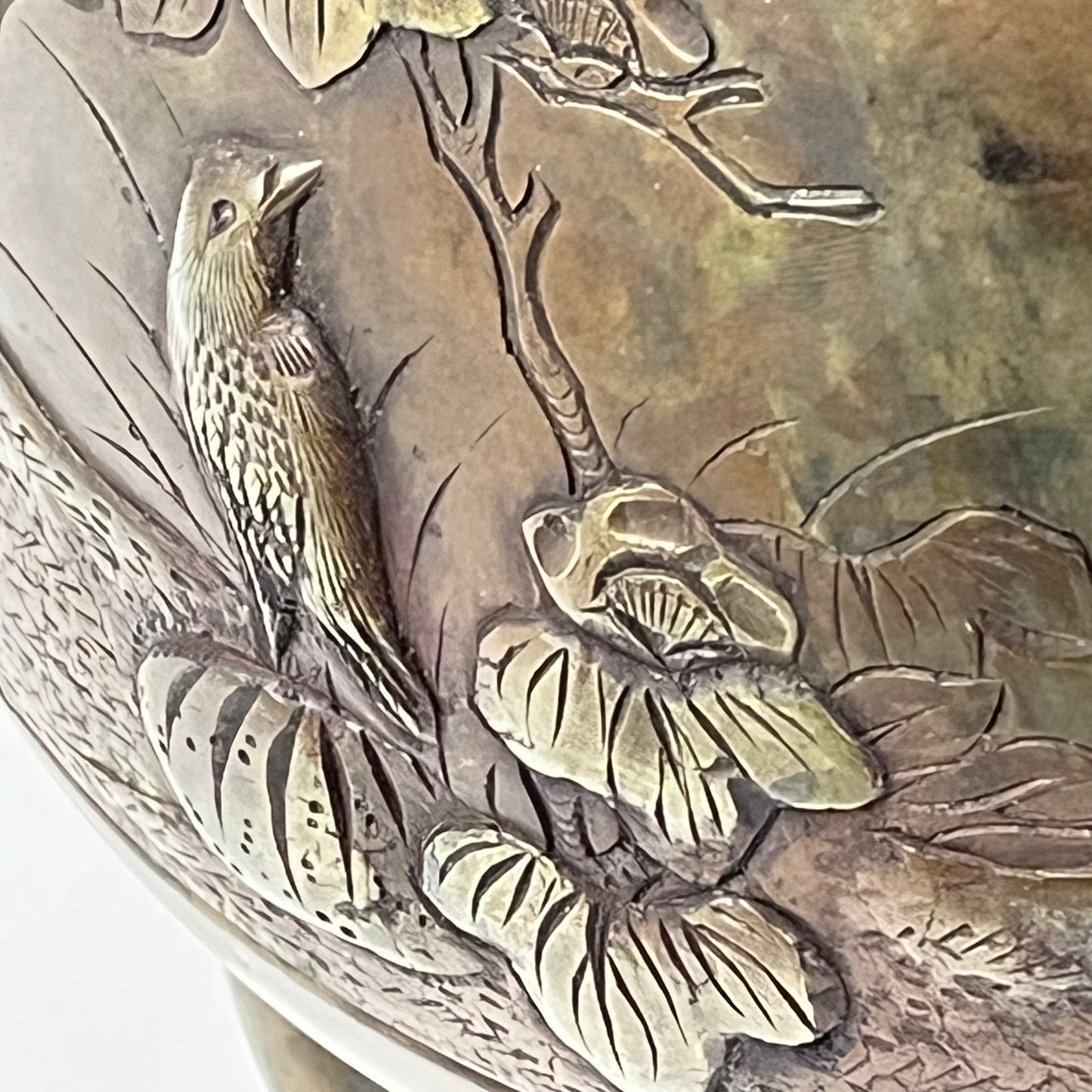 Antique Japanese Edo Style Bronze Hibachi Brazier w/ Elephant Handles and Birds in Relief