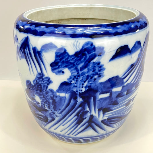 Antique Japanese Meiji Ceramic Imari Hibachi Brazier w/ Mountain & Water Landscape 11” Hand Painted