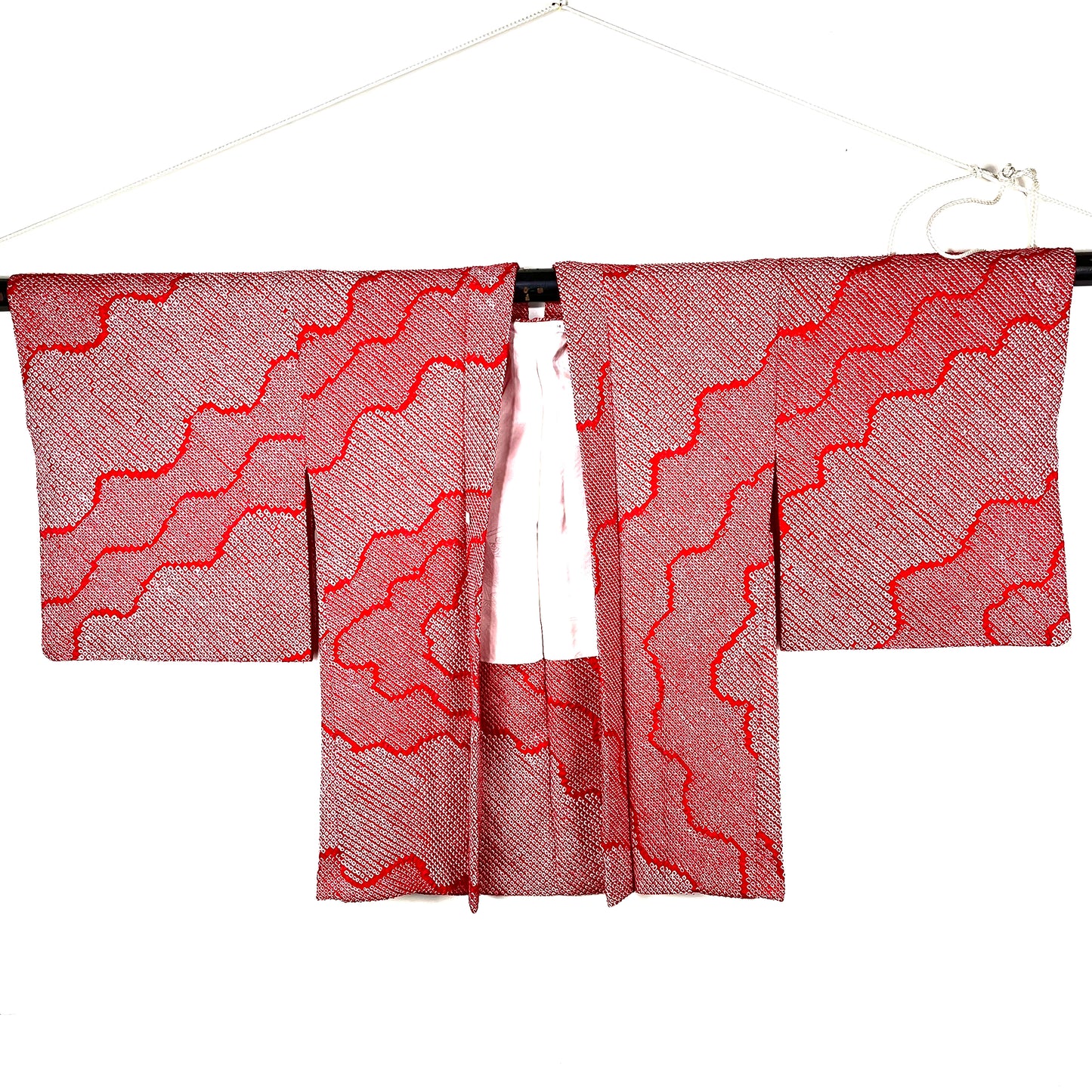 Vintage Japanese Silk Haori Coat in Shibori Tie-dye Bright Red Wavy Pattern 28"L