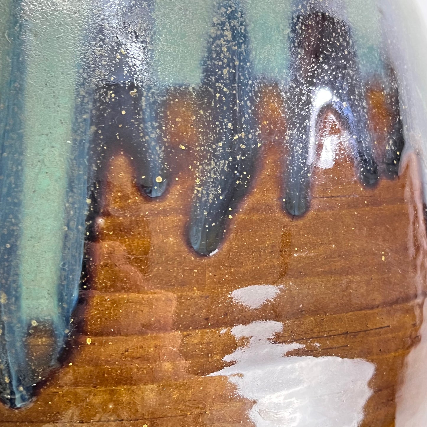 Vintage Japanese Tsubo Urn Vase Green & Blue Drip Glaze 11"