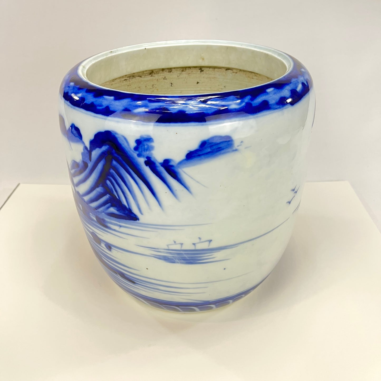 Antique Japanese Meiji Ceramic Imari Hibachi Brazier w/ Mountain & Water Landscape 11” Hand Painted