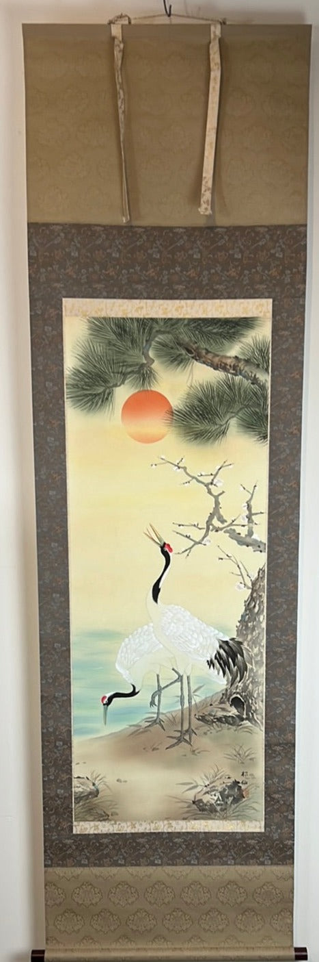Japanese Scroll Hand Painted on Silk Showa Era Pair of Cranes 71"