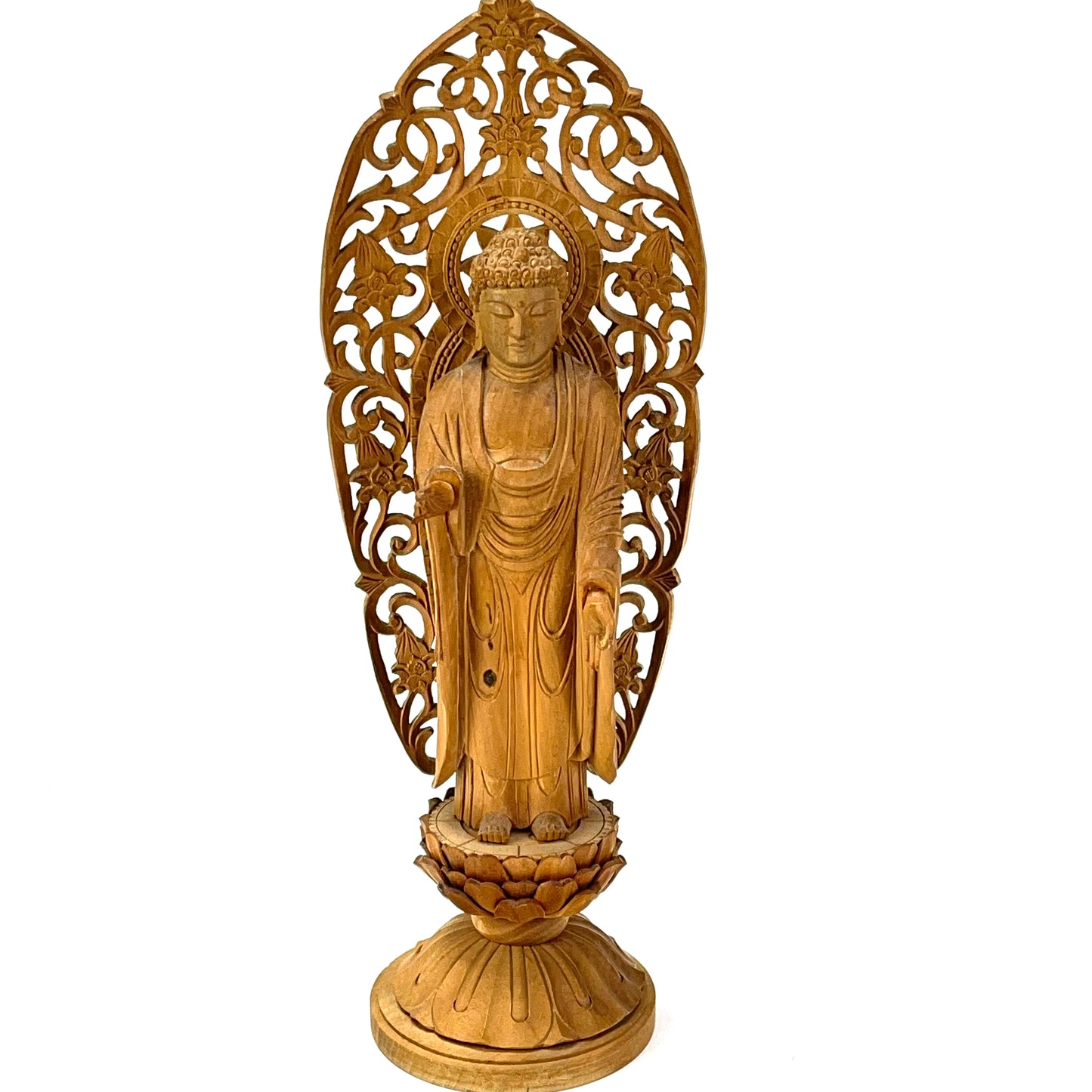 Statue of The Buddha in Standing Pose Carved Wooden Japanese lotus back