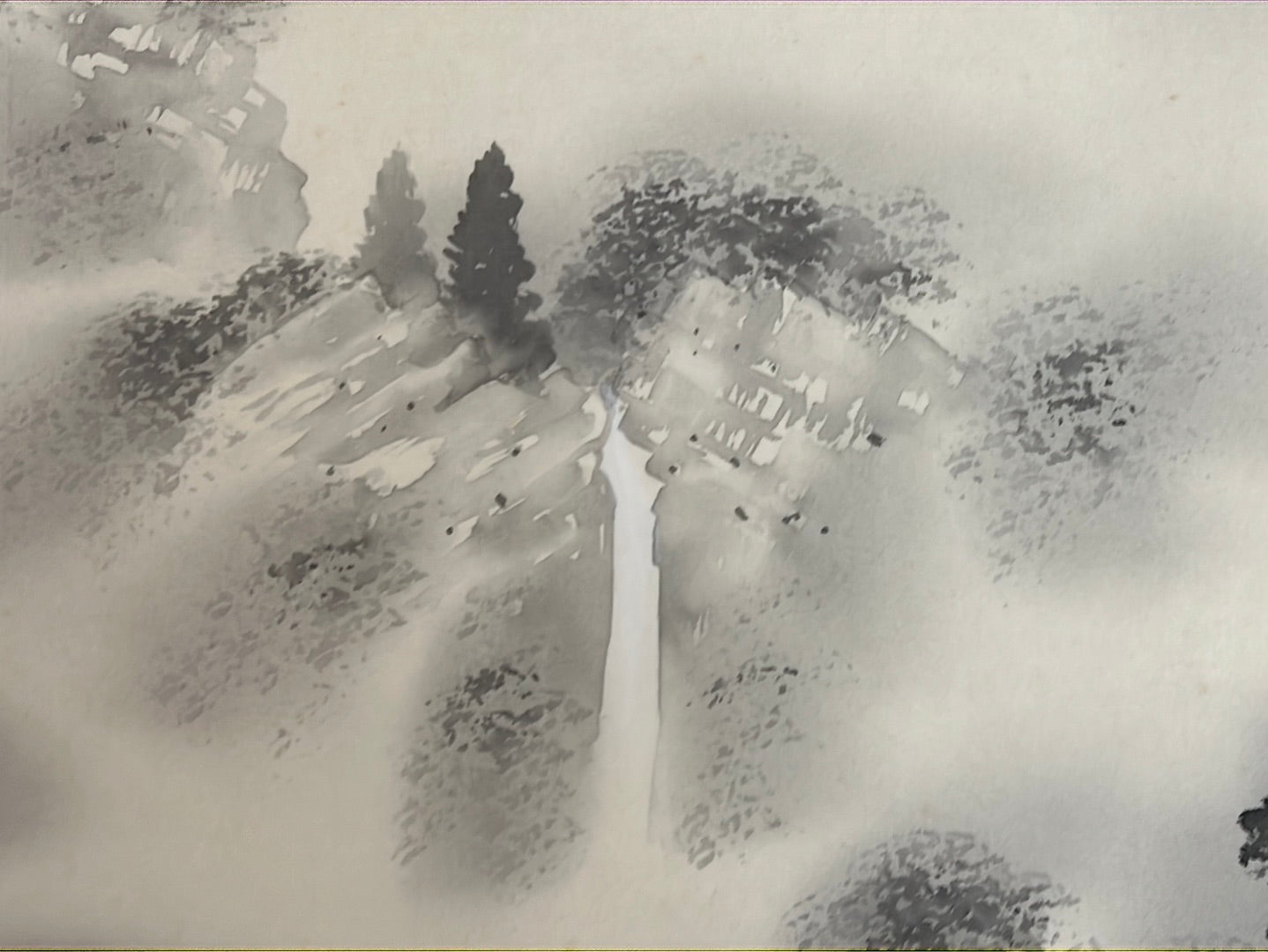 Japanese Vintage Scroll Kakejiku Hand Painted on Silk Showa Era Waterfall 74"