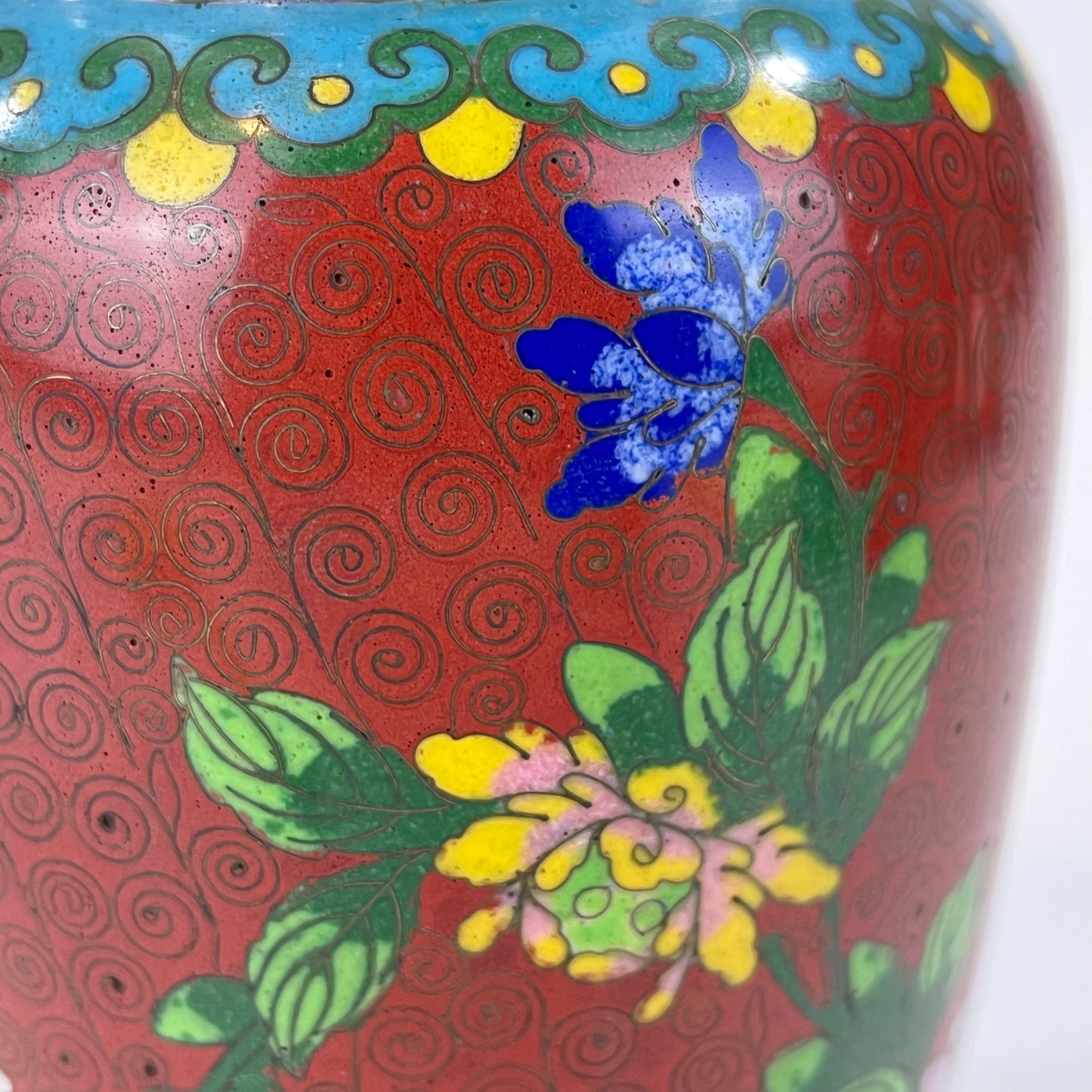 Vintage Chinese 70 Year Old Red Cloisonne Vase Floral Design 9"