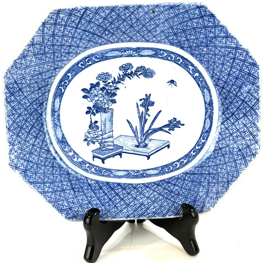 Antique Meiji Era Japanese Octagonal Ceramic Imari Plates w/ Transfer of Ikebana