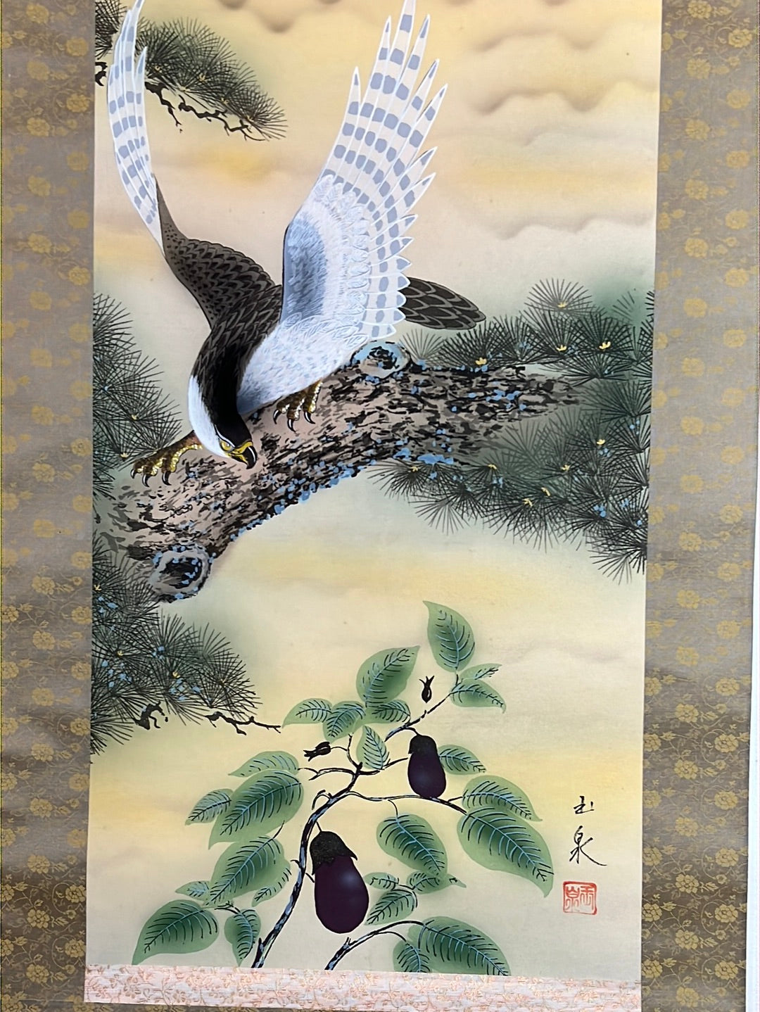 Japanese Vintage Scroll Kakejiku Hand Painted on Silk Showa Era Falcon & Mt Fuji 73"