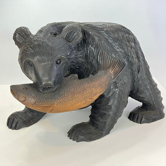 Vintage Japanese Ainu Hand Carved Bear w/ Salmon Cedar Wood Kubori Kuma Red 16"L