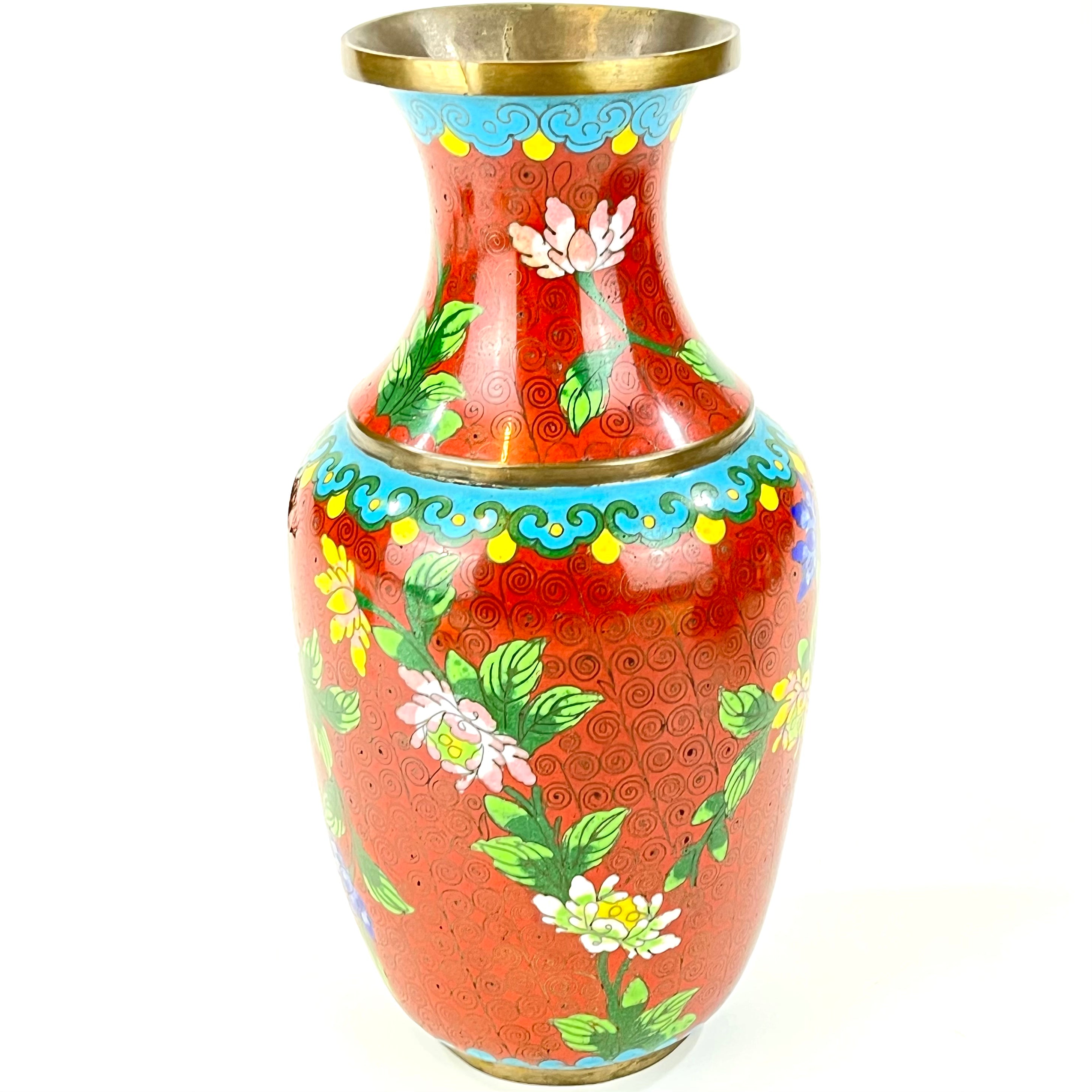 Vintage Chinese 70 Year Old Red Cloisonne Vase Floral Design 9