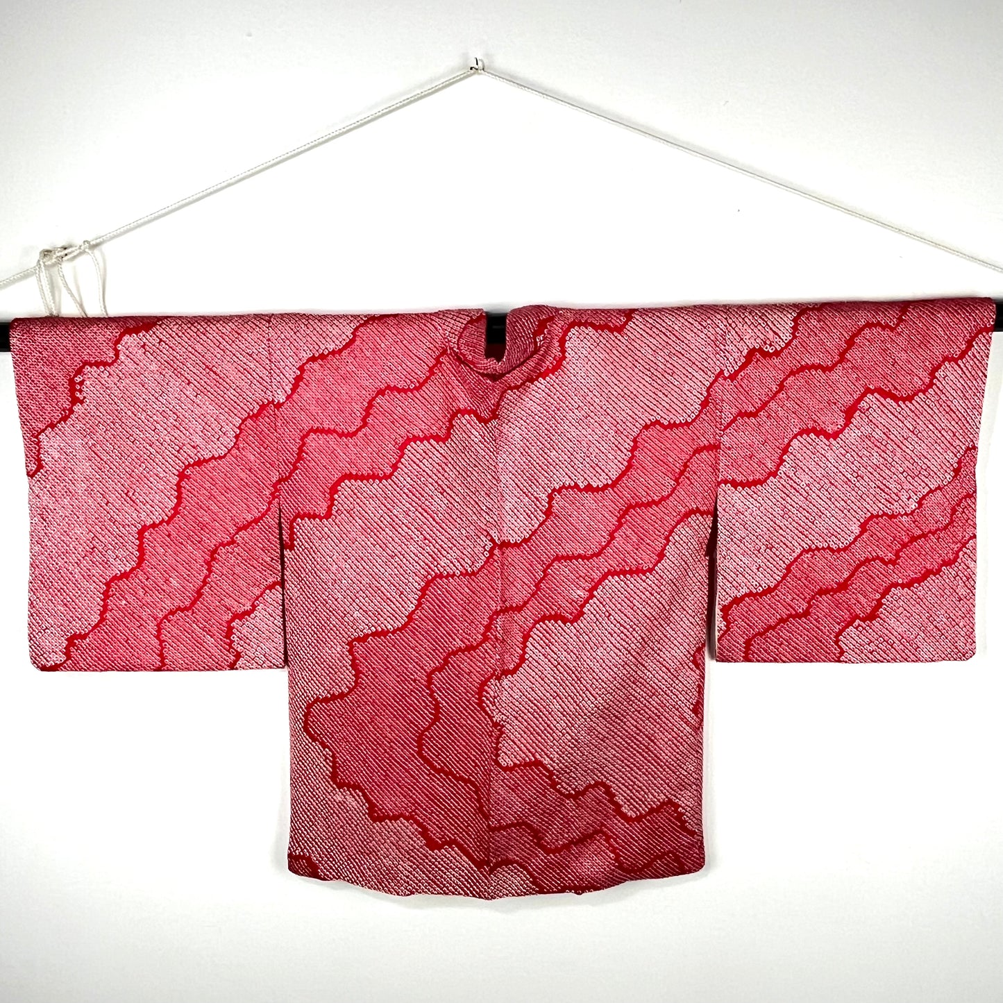Copy of Vintage Japanese Silk Haori Coat in Shibori Tie-dye Bright Red Wavy Pattern 28"L
