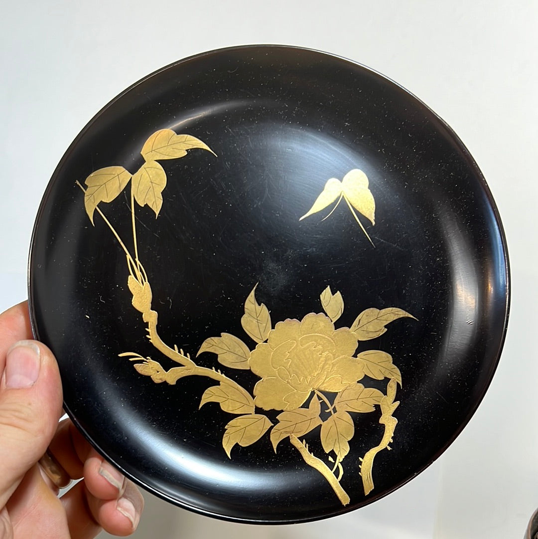 Antique (c. 1890) Japanese Kashizara Dish Plate Wood Black Lacquer Makie 7"