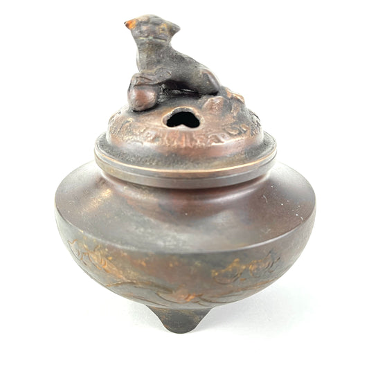 Japanese Bronze Koro Incense Burner Foo Dog & bird etching