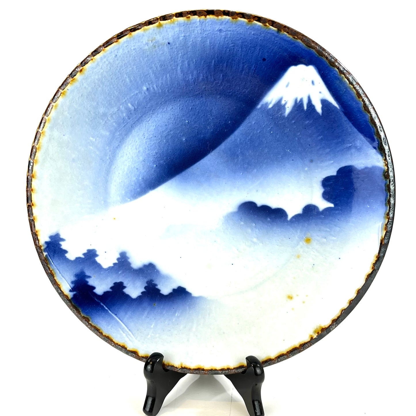 Antique Meiji Era Japanese Ceramic Round Imari Blue & White Plate Mt. Fuji Shrouded in Mist