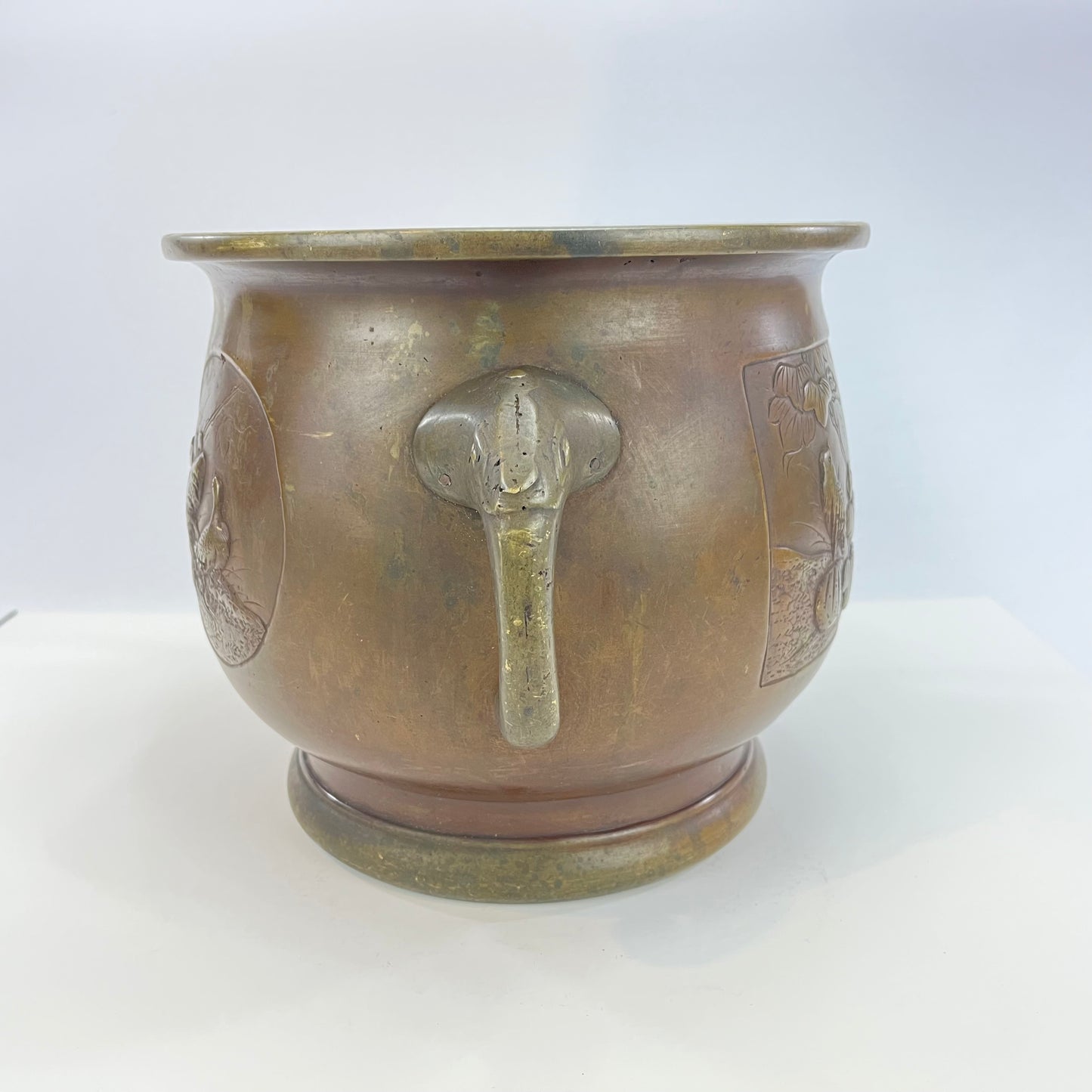 Antique Japanese Edo Style Bronze Hibachi Brazier w/ Elephant Handles and Birds in Relief