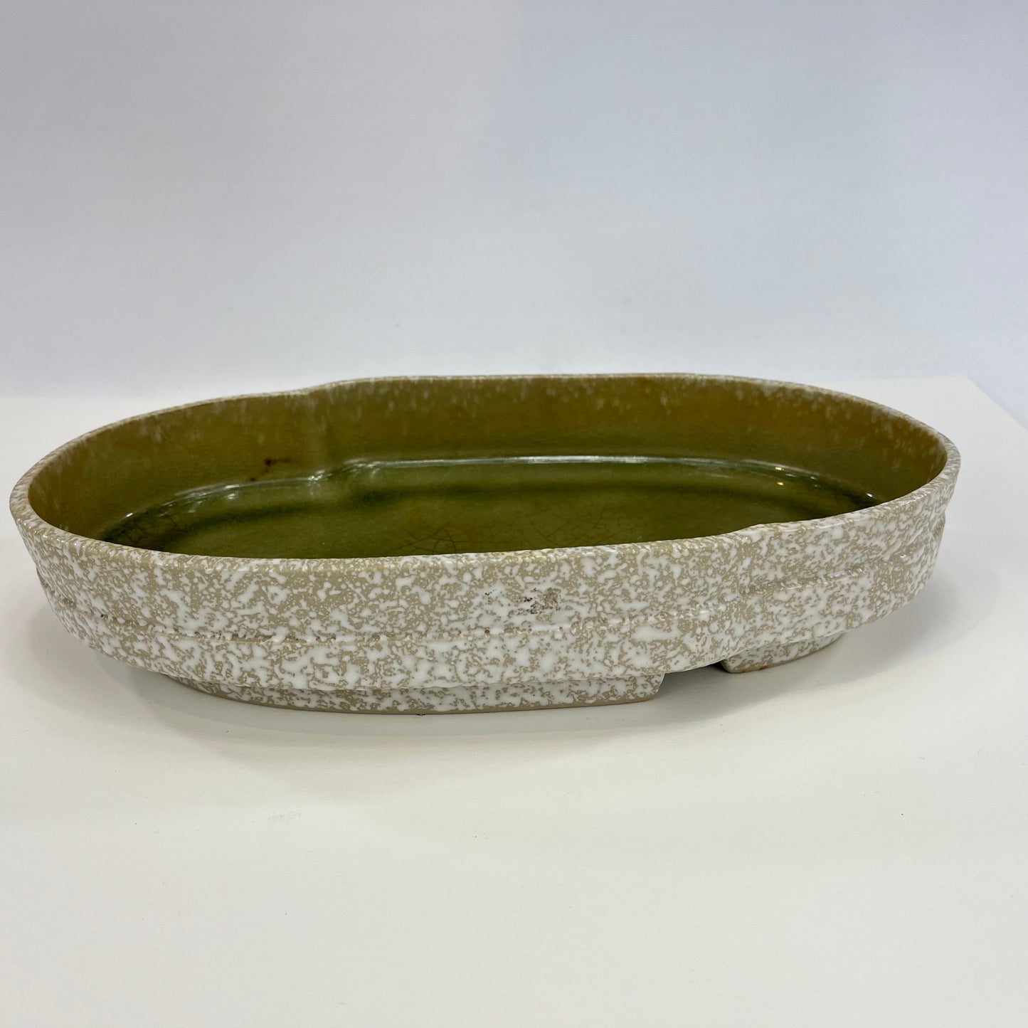 Japanese Ceramic Ikebana Vase Tan Clay Outside & Glossy Green Glaze Inside 13"