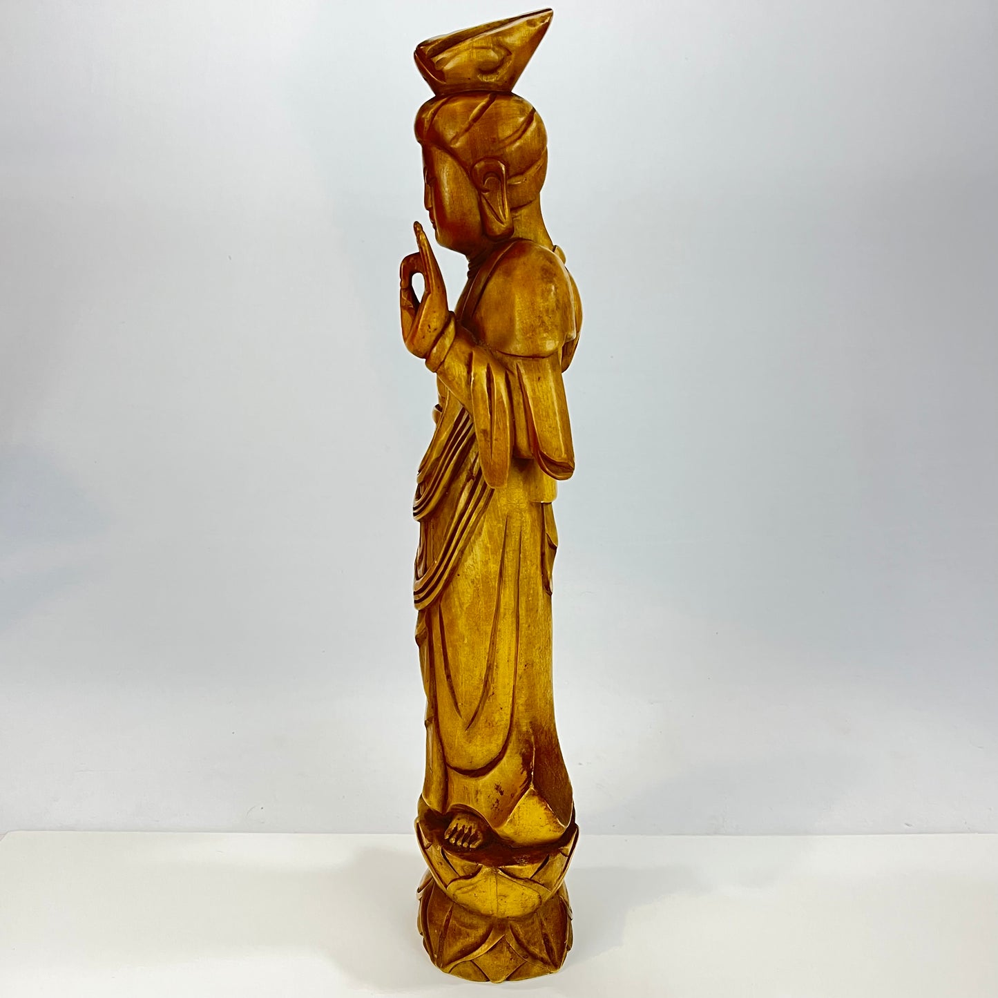 Vintage Japanese Hand Carved Statue of Quan-Yin Kannon Wood 11"