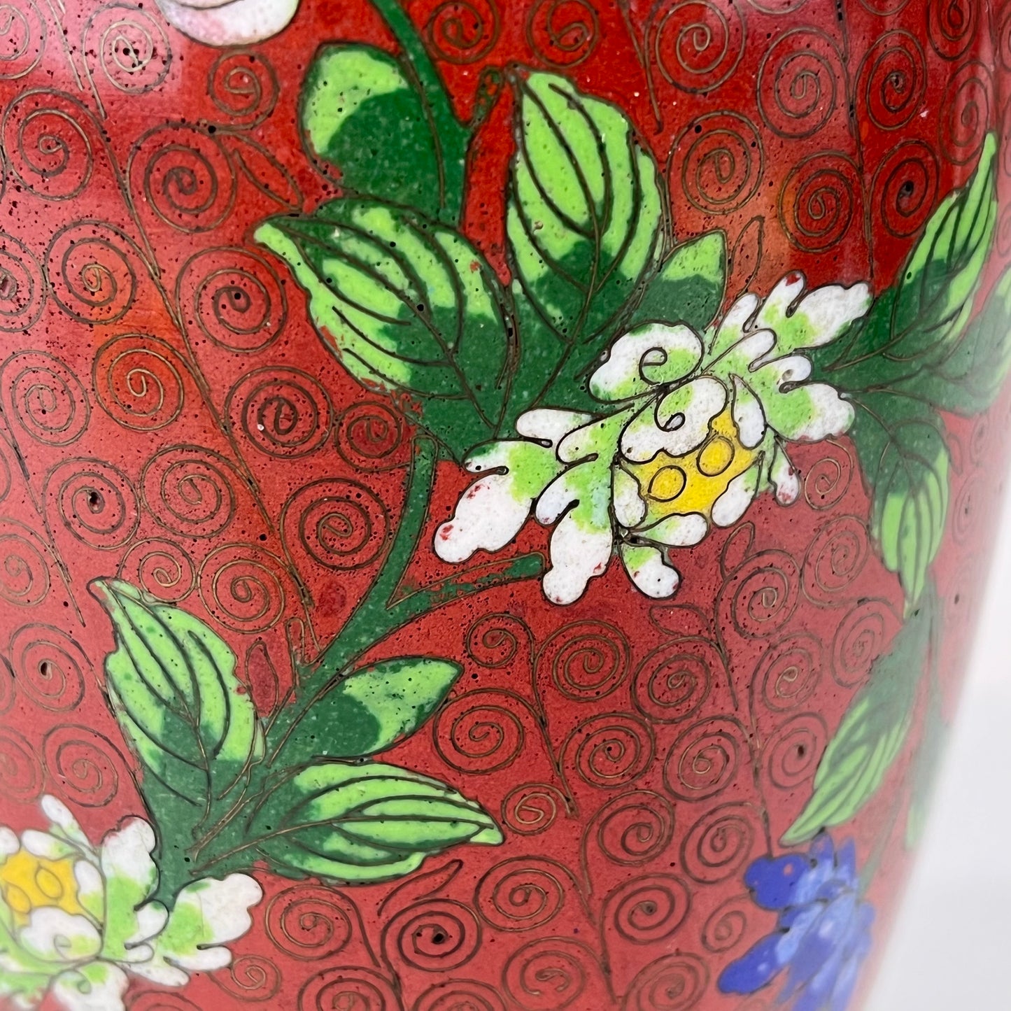 Vintage Chinese 70 Year Old Red Cloisonne Vase Floral Design 9"