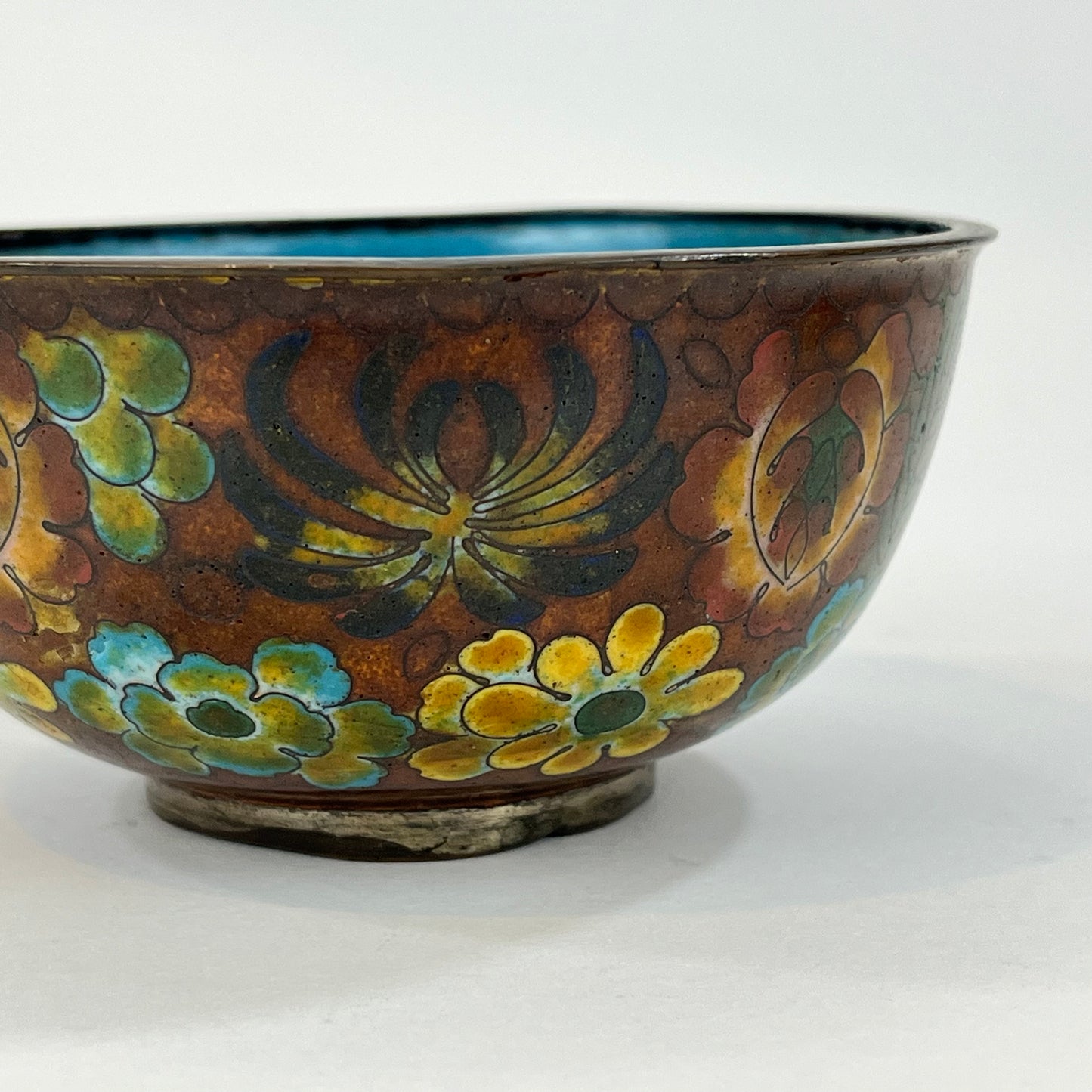 Chinese Cloisonné Bowl Set of Flowers & Blue Intirior 4"