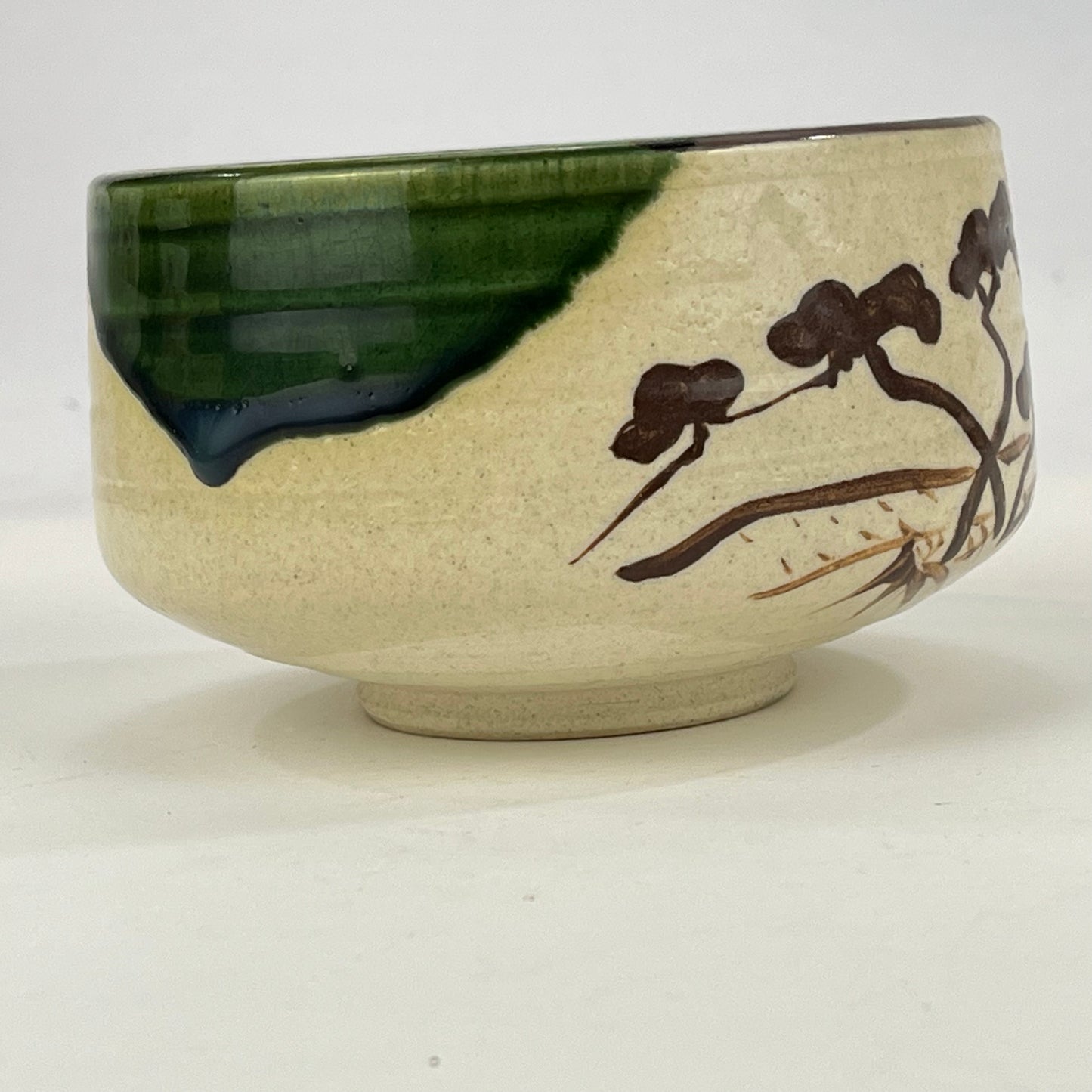 Signed Oribewear Tea Ceremony Chawan Tea Bowl Green Spot Drips & Pine Trees