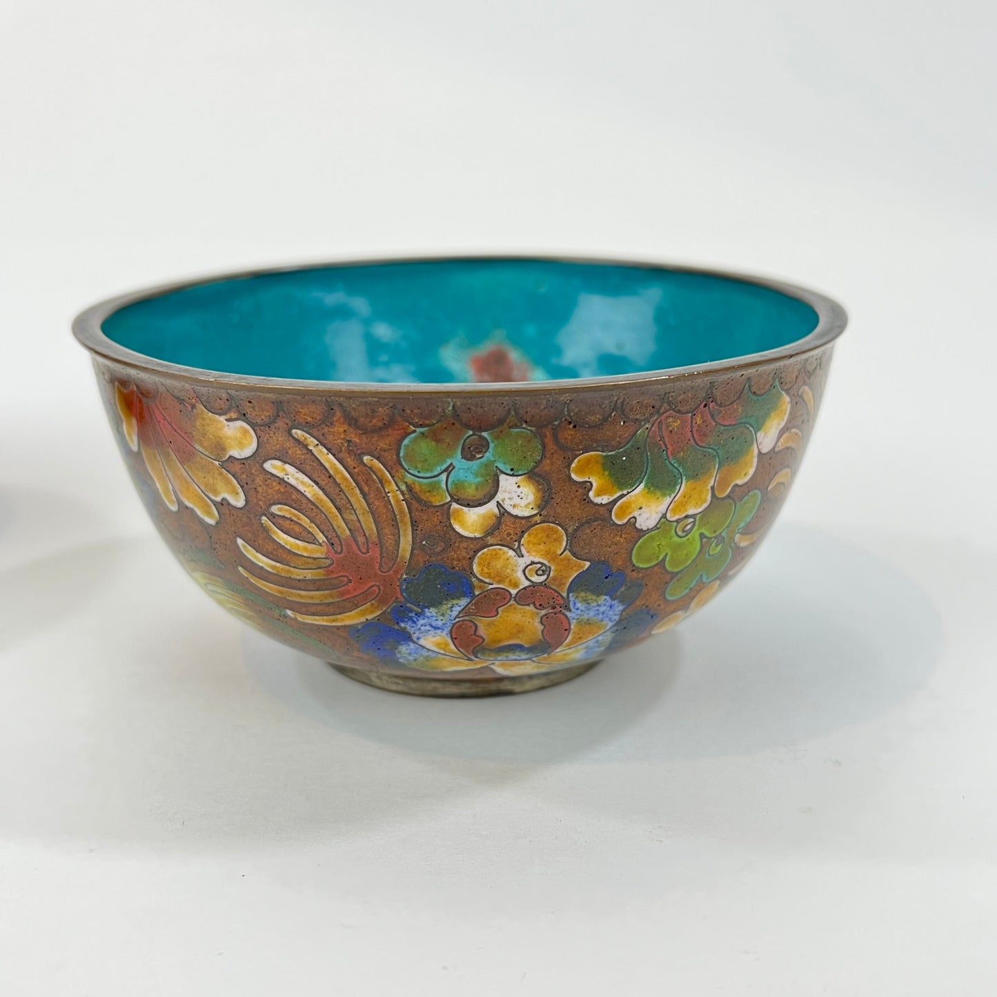 Chinese Cloisonné Bowl Set of Flowers & Blue Intirior 4"