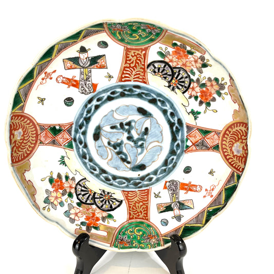 Antique Meiji Era Japanese Ceramic Akai-Imari Plate w/ Kokeshi  Dolls & Cartwheels