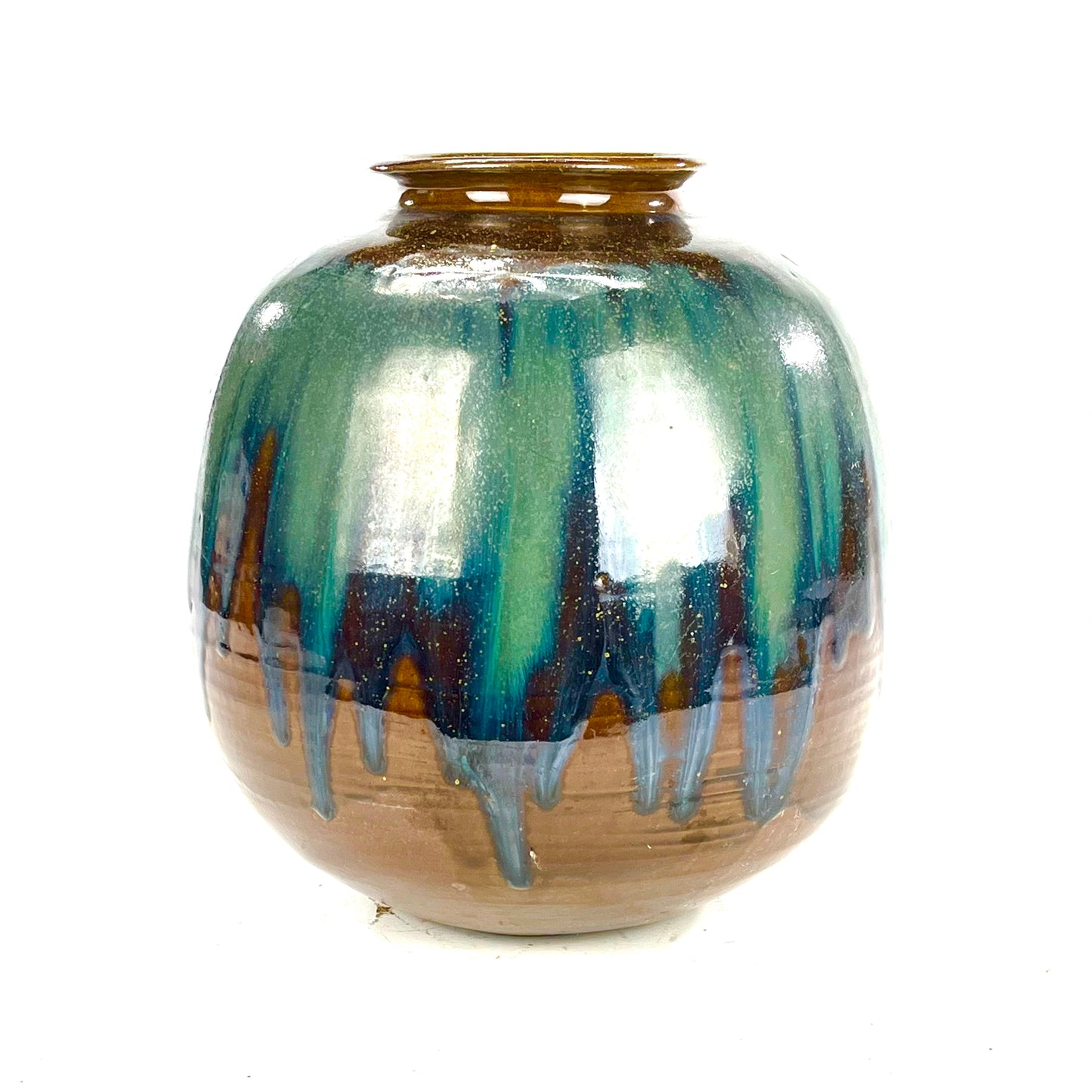 Vintage Japanese Tsubo Urn Vase Green & Blue Drip Glaze 11"