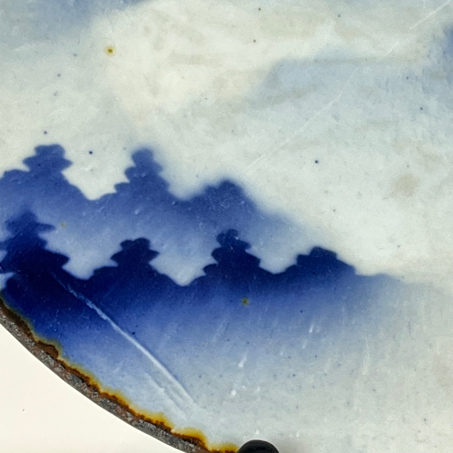 Antique Meiji Era Japanese Ceramic Round Imari Blue & White Plate Mt. Fuji Shrouded in Mist