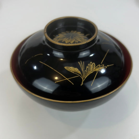 Antique Japanese MeijiEra (c1870) Lacquer Makie Wooden Lidded Soup / Rice Bowl