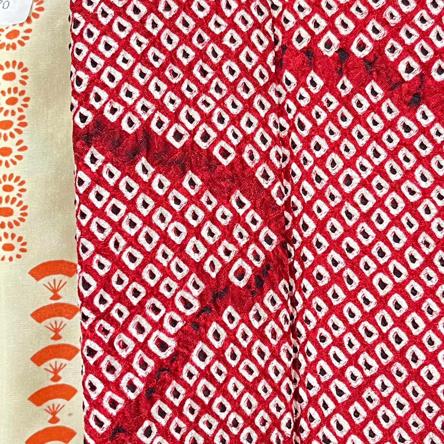 Vintage Japanese Silk Haori Coat in Shibori Tie-dye Bright Red Fan Pattern 28"L