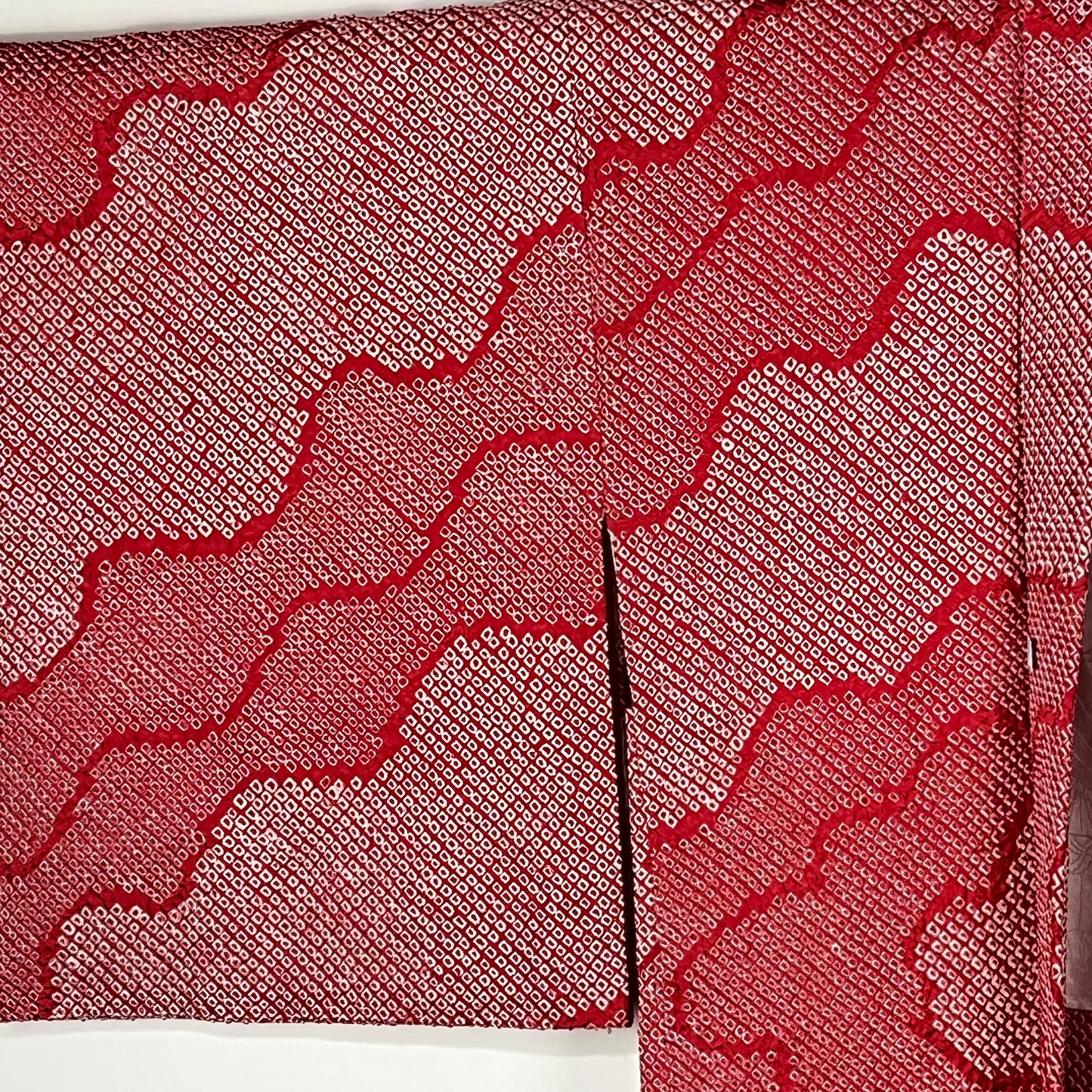 Vintage Japanese Silk Haori Coat in Shibori Tie-dye Bright Red Wavy Pattern 28"L