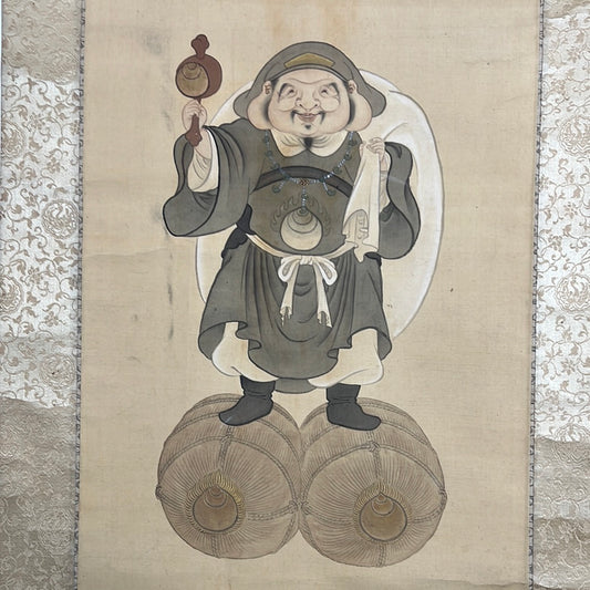 Japanese Scroll Hand Painted on Silk Taisho Era Daikoku Lucky God 75”