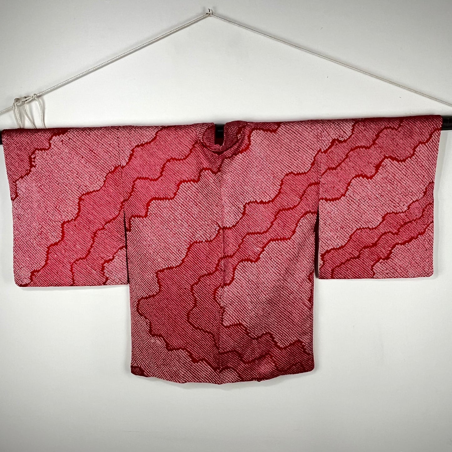 Copy of Vintage Japanese Silk Haori Coat in Shibori Tie-dye Bright Red Wavy Pattern 28"L