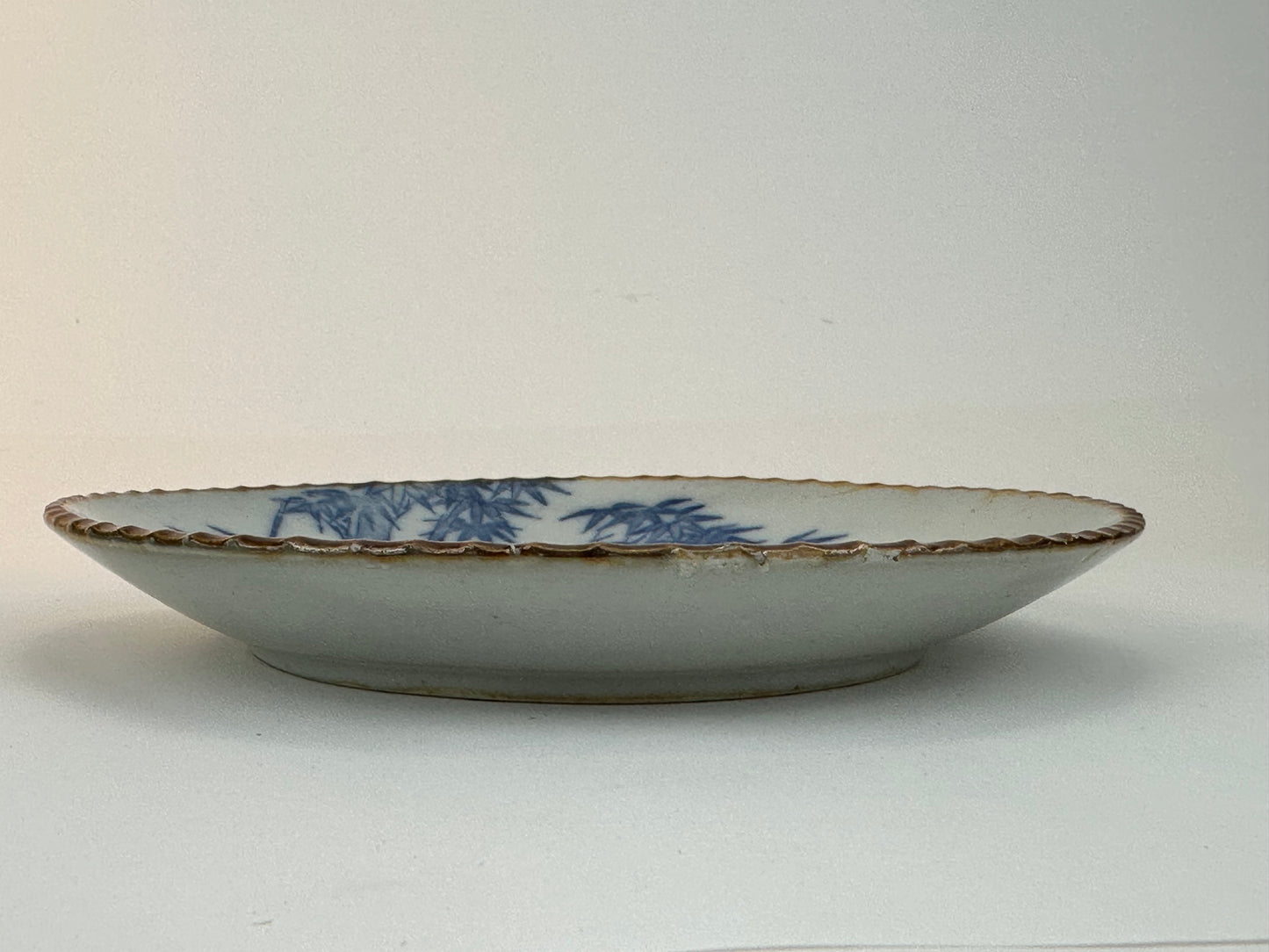 Antique Japanese Imari Blue & White Scalloped Bowl Bamboo Garden Scene 7.25"W