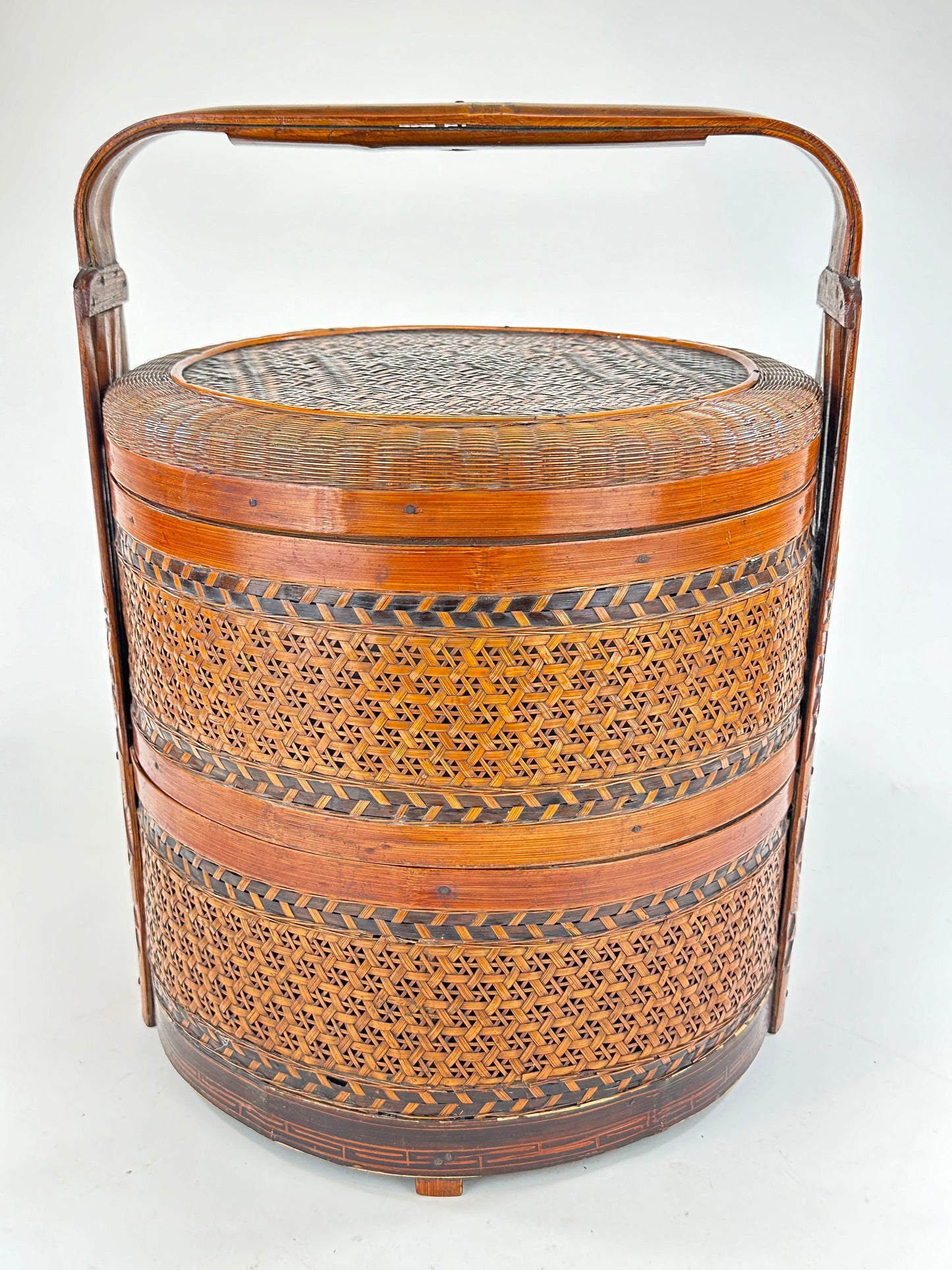 Vintage Chinese 2 Tiered Wedding/Dowry Lacquer Rattan Basket/Box