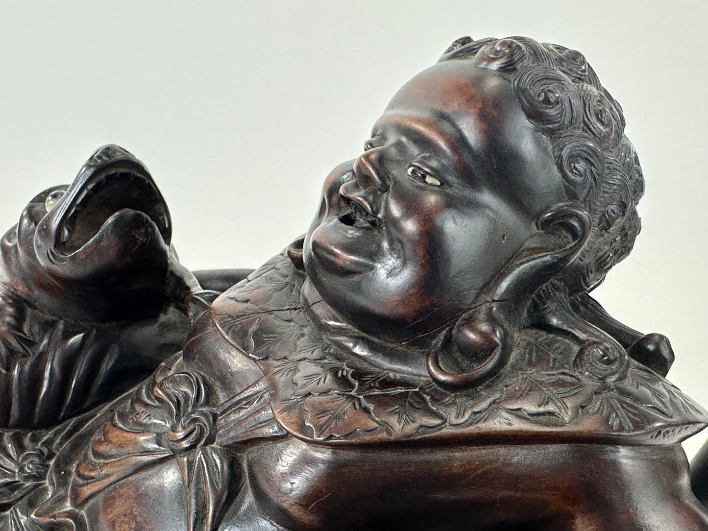 Chinese Hongmu Reclining Budai / Hotei with Three-Legged Lucky Frog – 16"