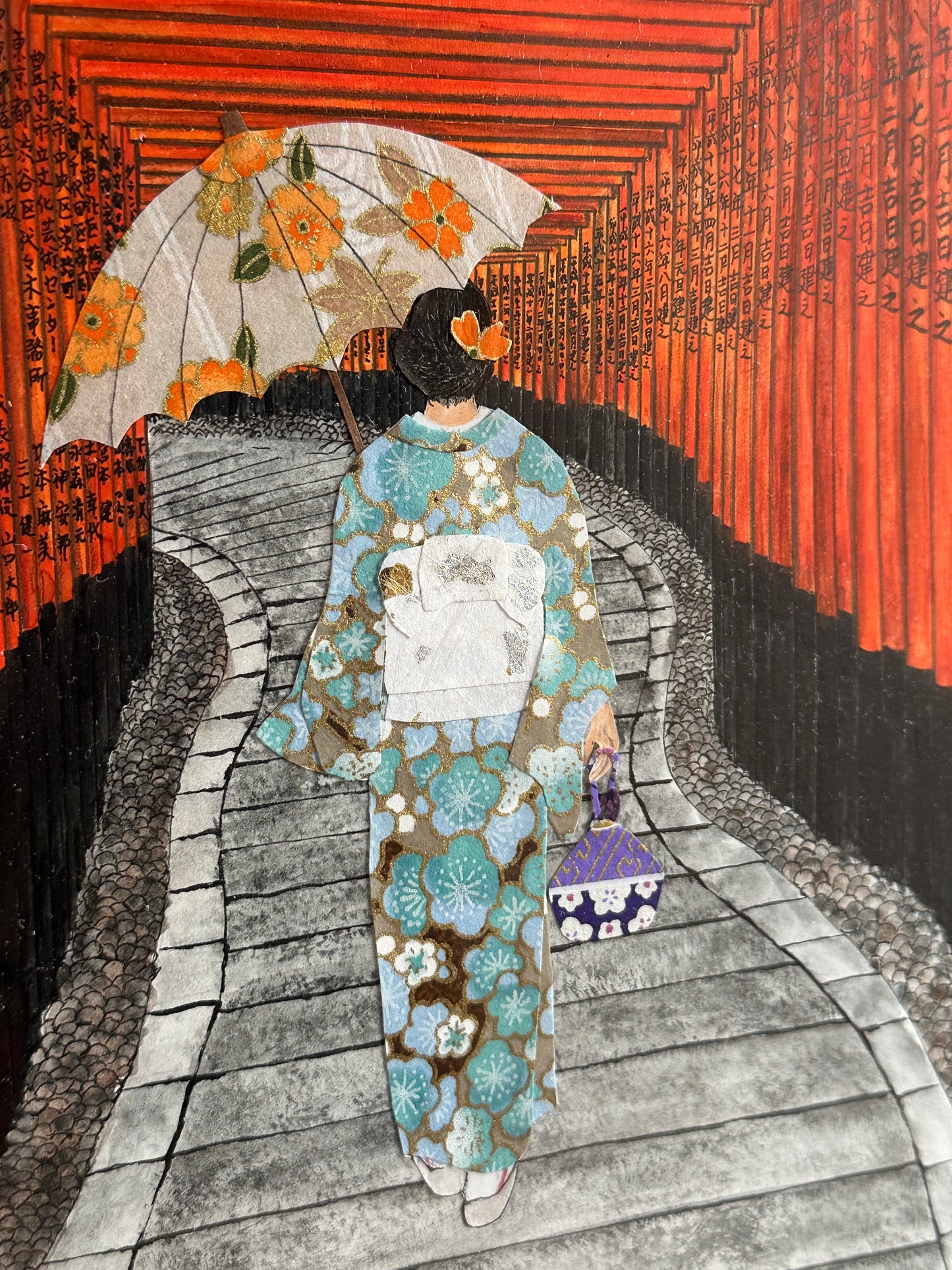 Japanese Woodblock Fushimi Inari Shrine "Michi" Tori  Kimono 21.5" LS#228