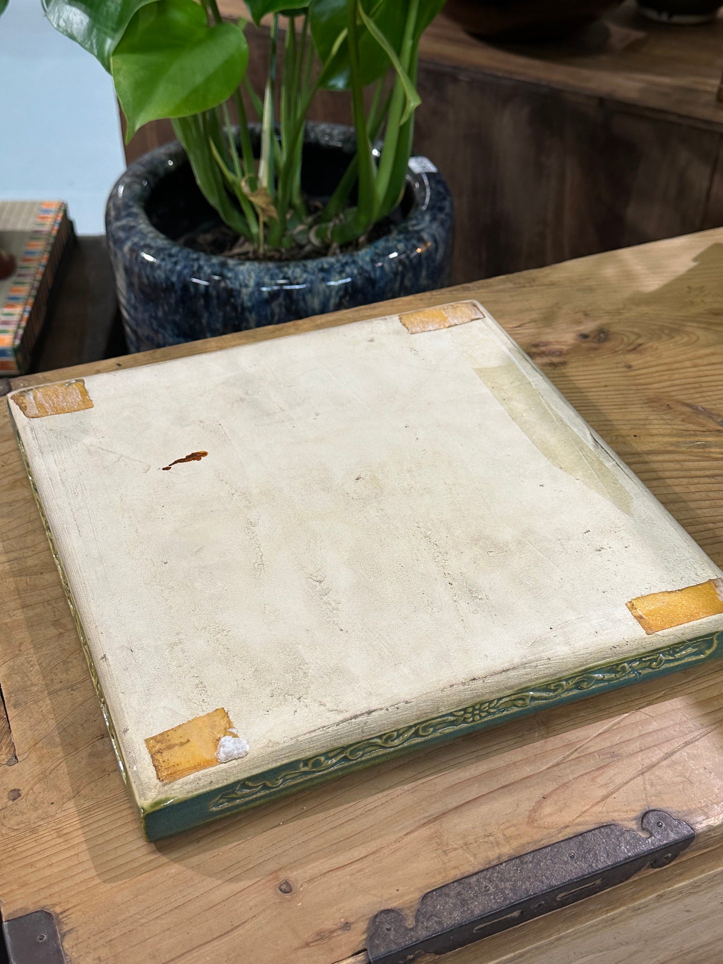 Vintage Japanese Oribe-ware Sokogawara Tile Tea Ceremony Furo 11"