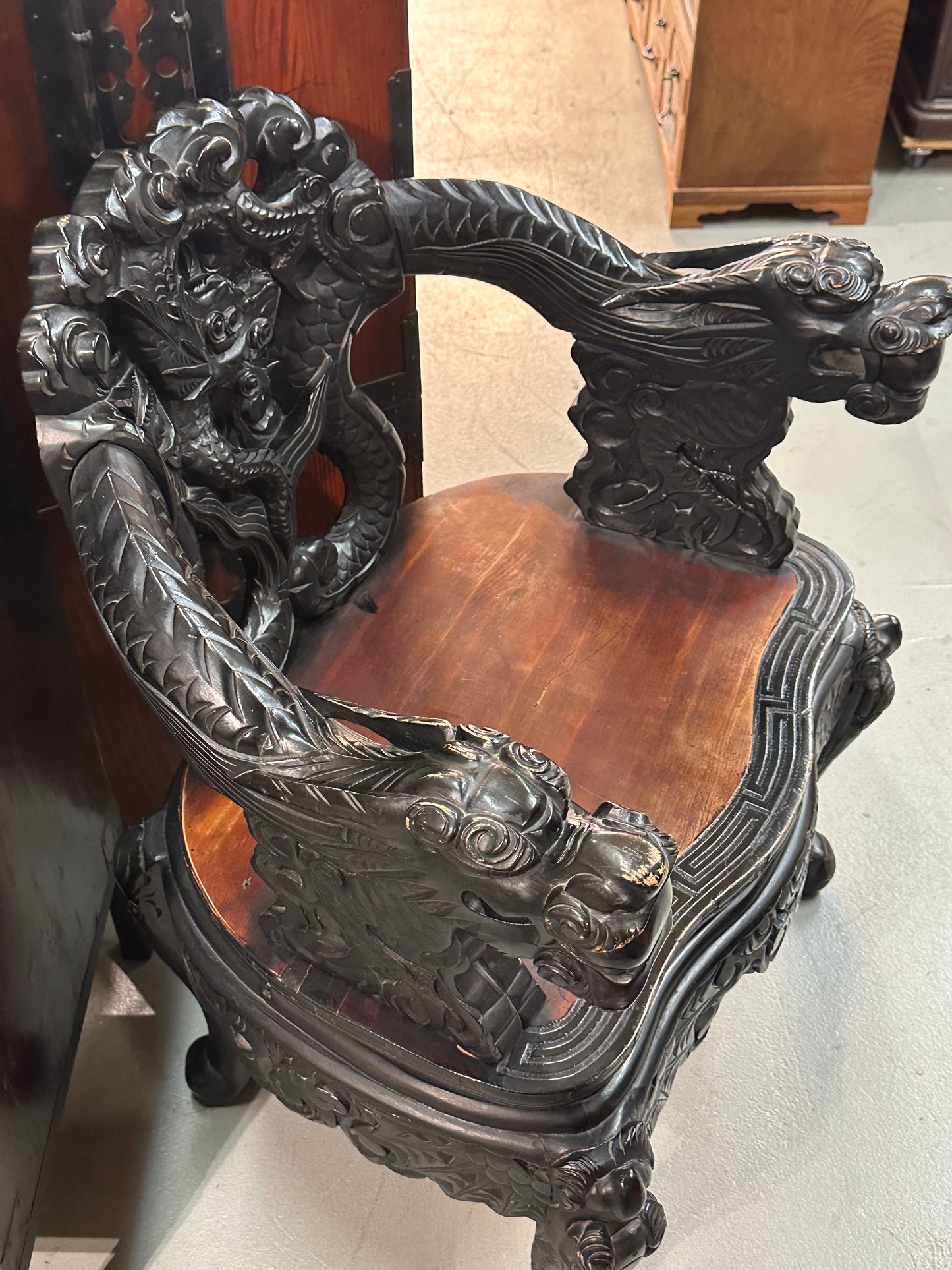 Japanese Dragon-Carved Export Armchair in Sugi Wood Meiji Era, c.1900 18" Seat