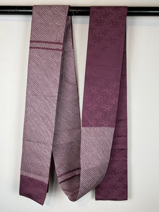 Vintage Japanese Silk Obi Sash in Shibori Style Purple & Floral Pattern 12'L