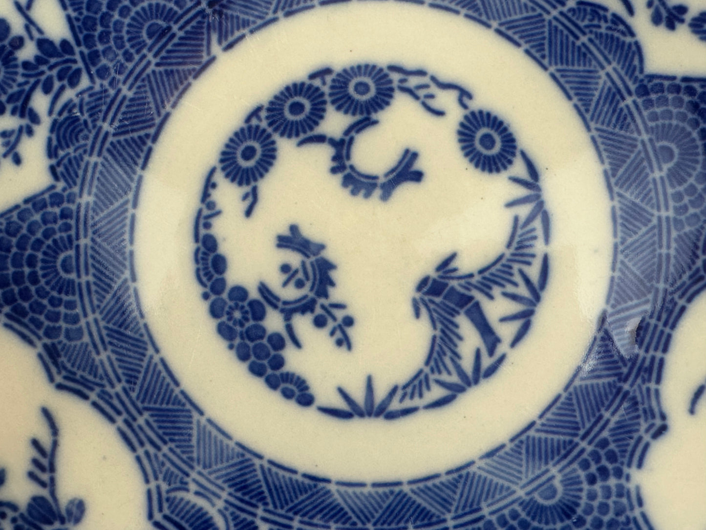 Antique Japanese c1900 Ceramic Blue & White Plate Floral Fan Motif 11"