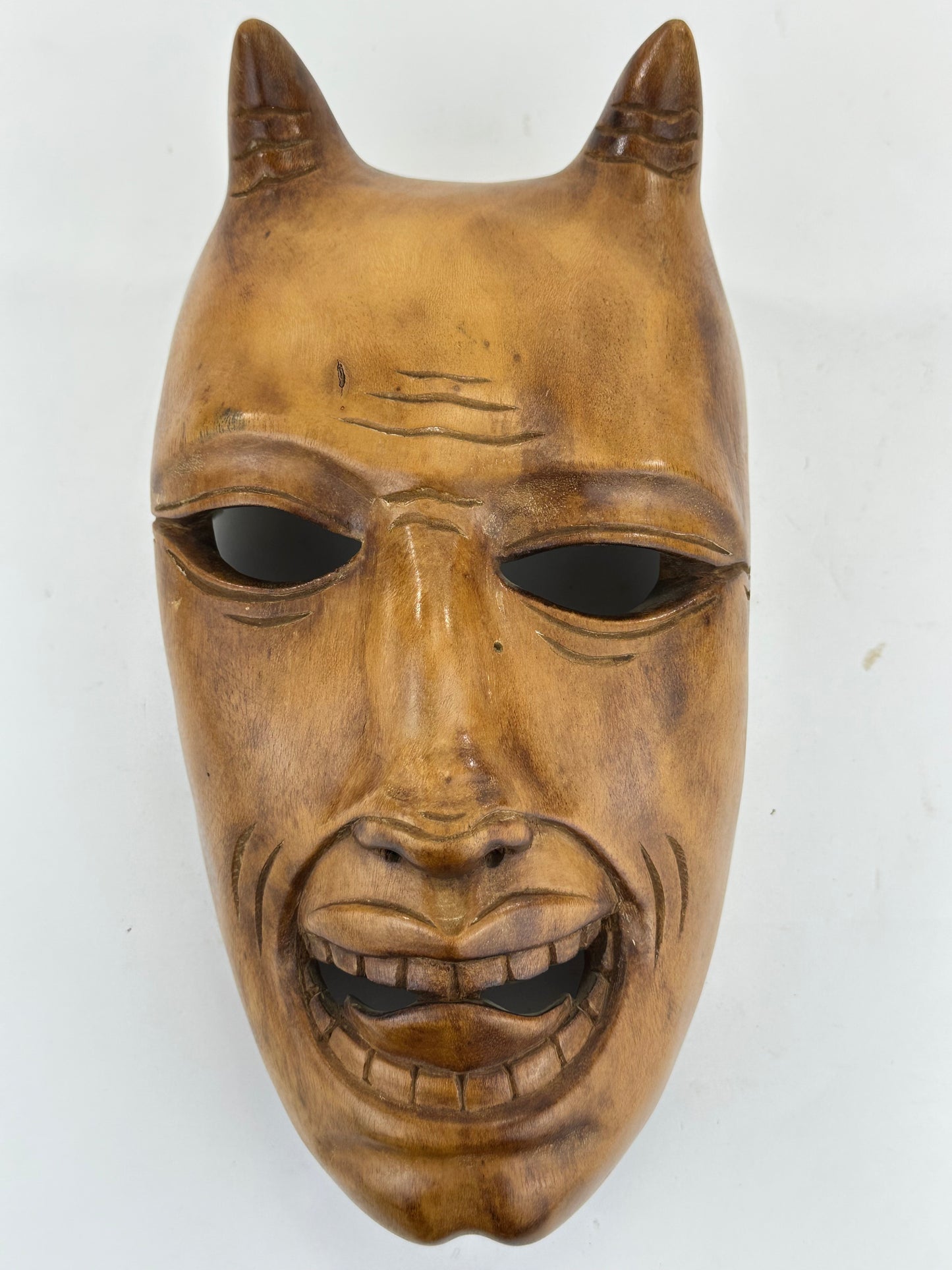 Vintage Japanese c1950's Folk Art Oni Mask Hand Carved Wood Wall Hanging 12"