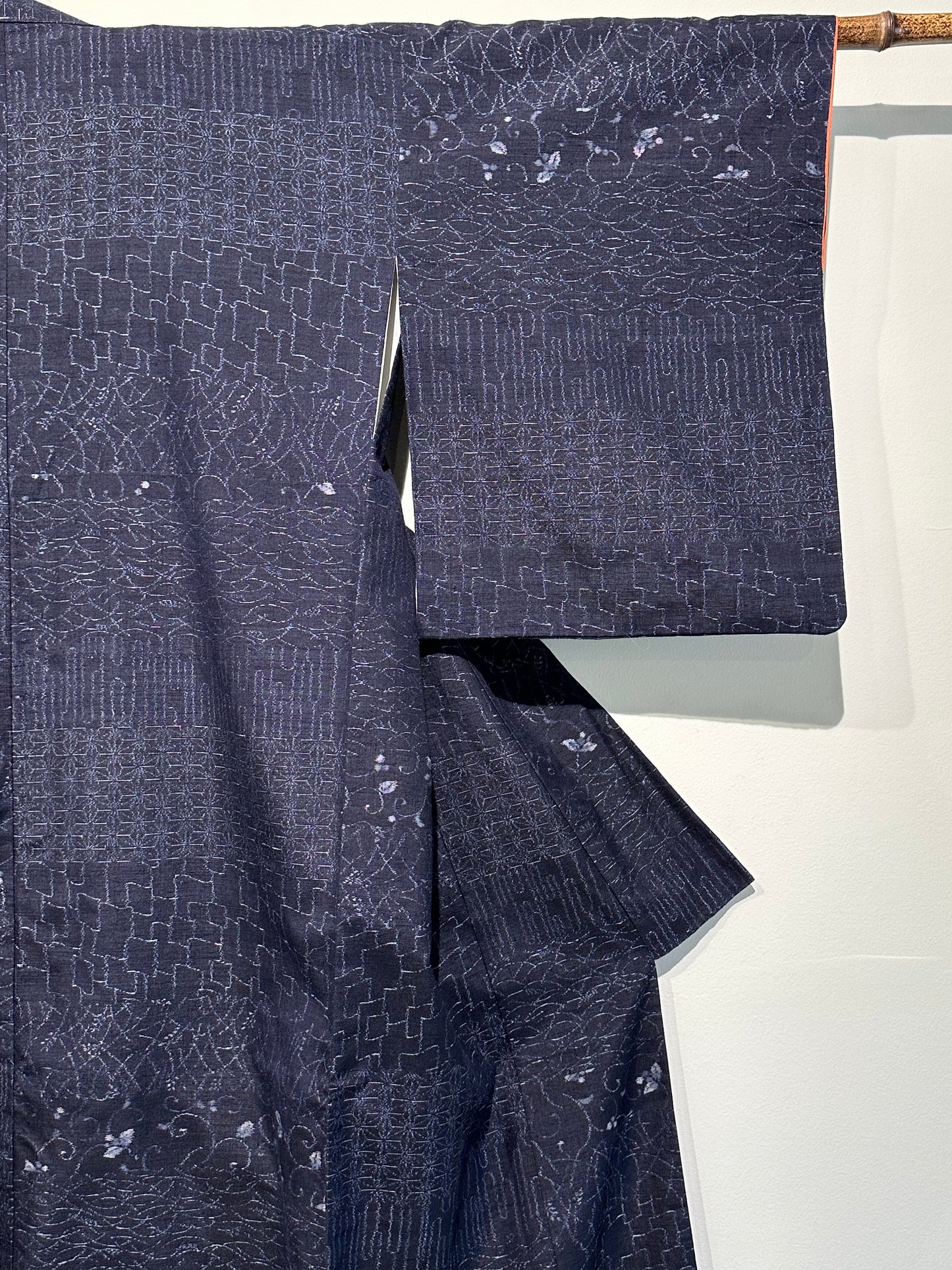 Japanese Tsumugi Ojiya Silk Kimono Hand Spun Dark Blue Asanoha