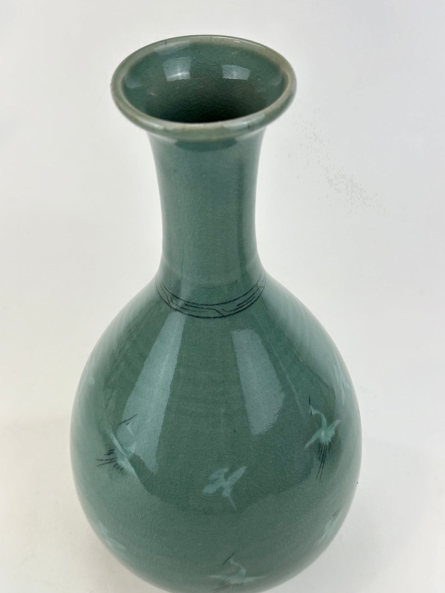 Pair of Vintage Japanese Vases Korean Goryeo Style Celadon Cranes 11" 清光