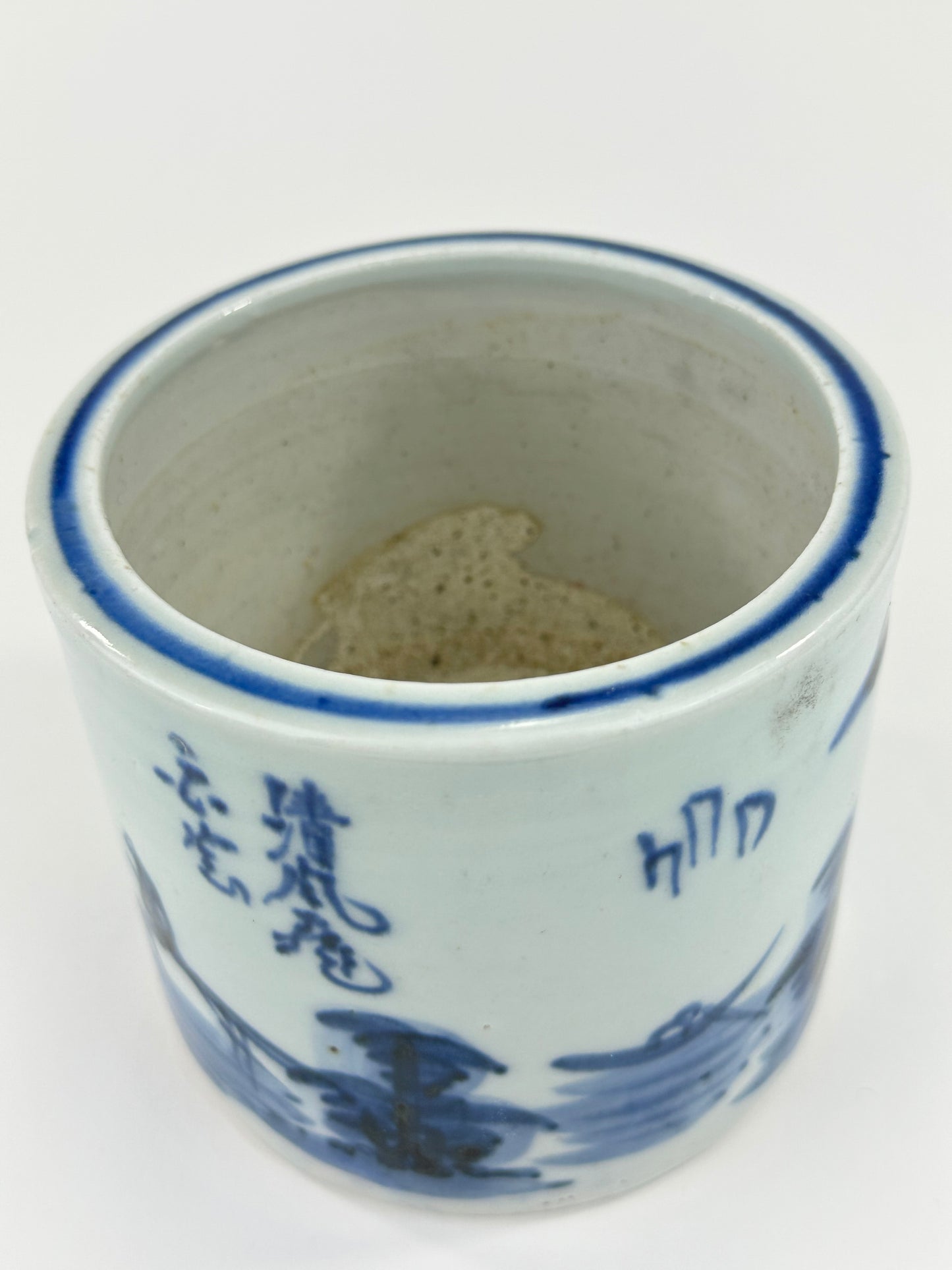 Antique Chinese Qing Period Blue & White Porcelain Brush Pot 4.5"W