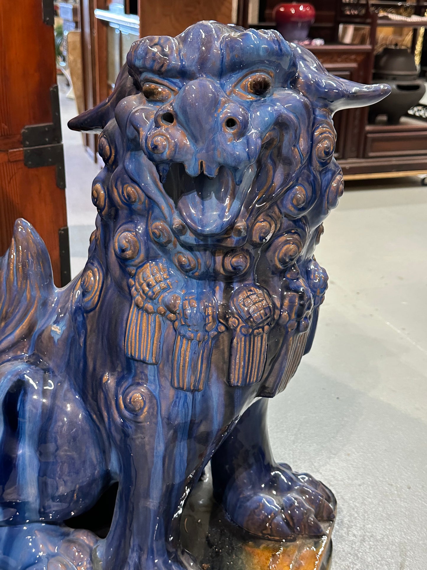 Vintage Chinese Ceramic Foo Dog Pair by Master Tien-Fu Lin Blue Drip Glaze 28”H