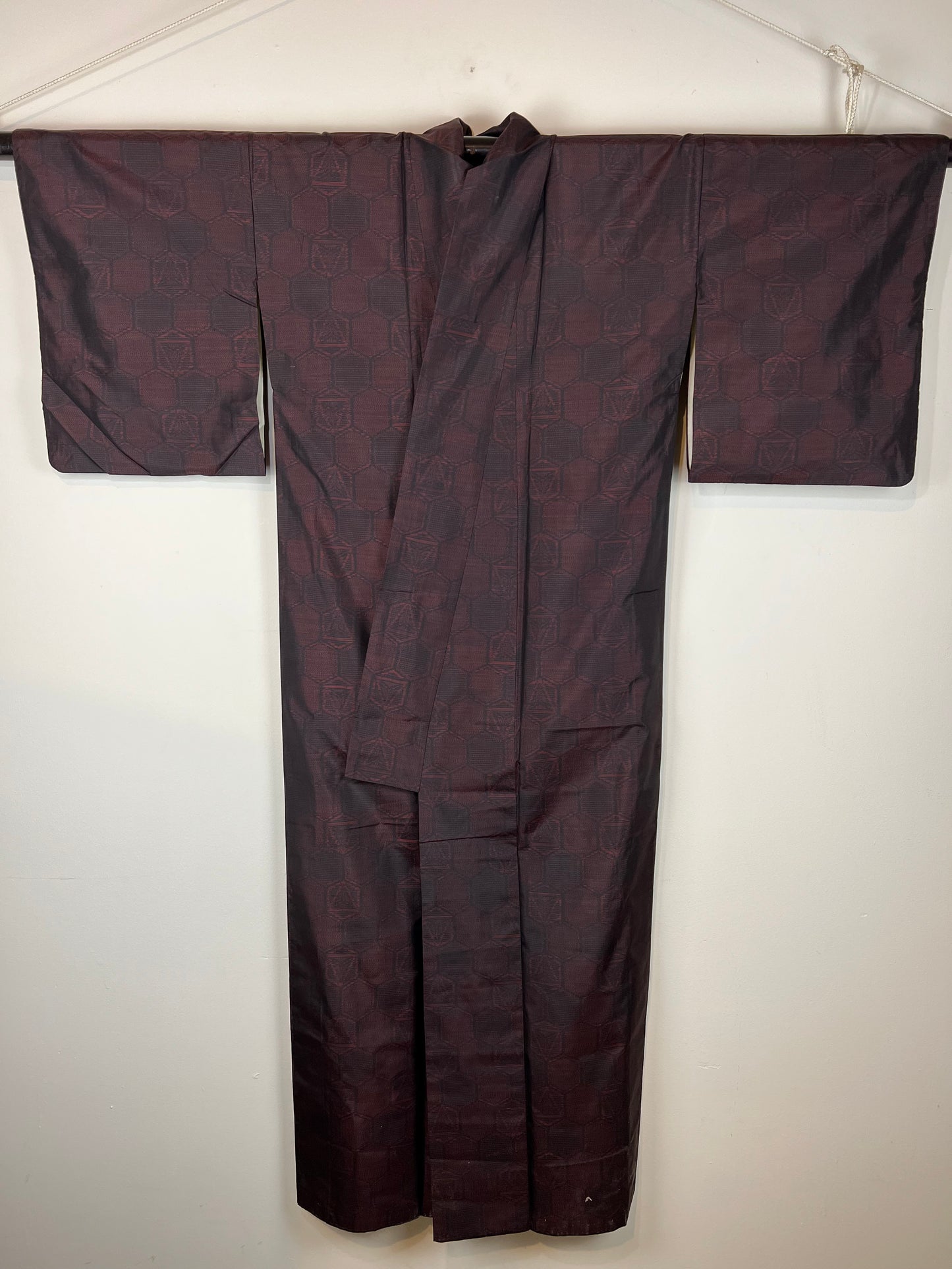 Vintage Japanese Silk Kimono Ruby Red & Black Hexagon Pattern 63"L