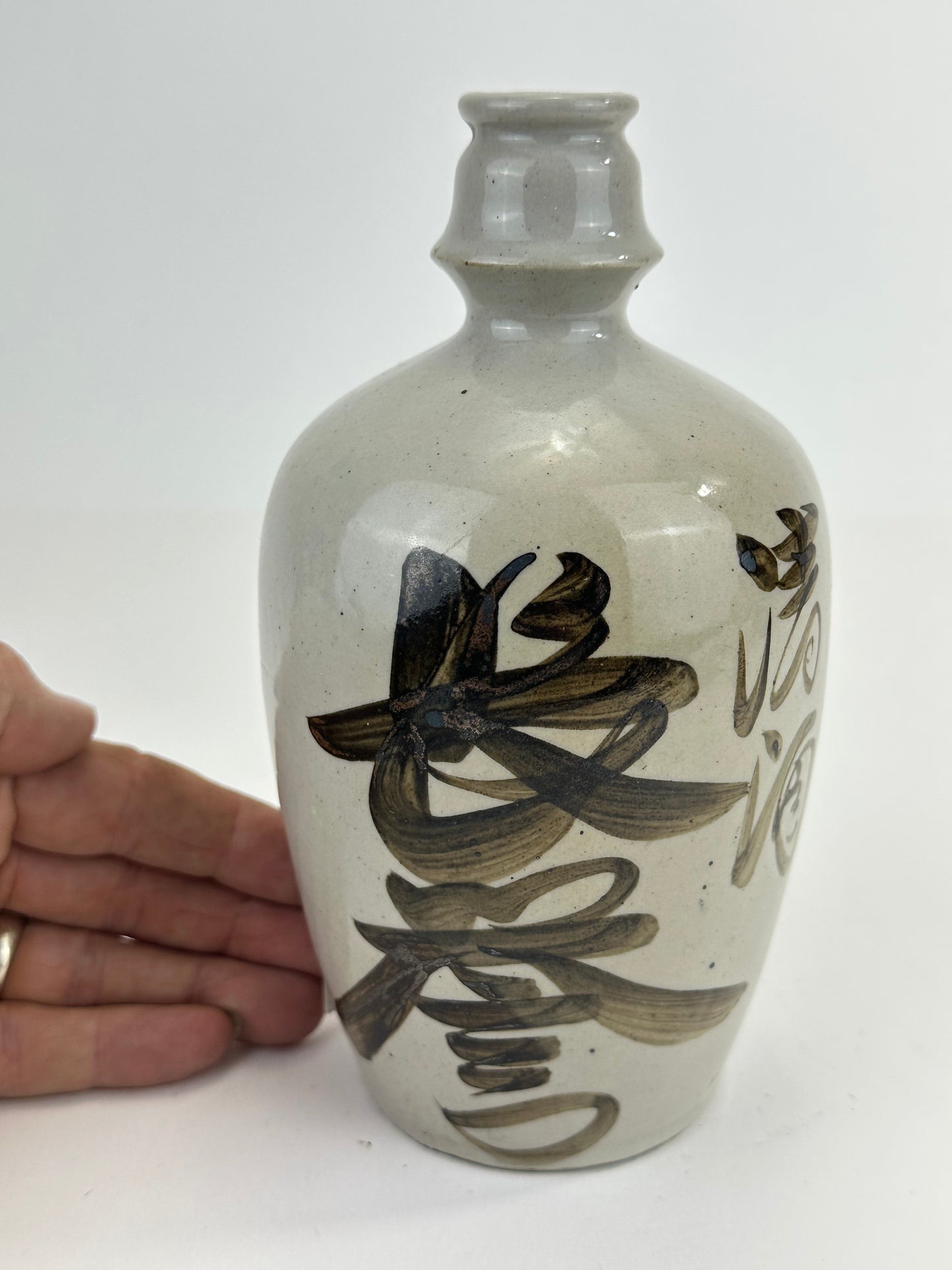 Antique Japanese 1800's Tokkuri Sake Jug Calligraphy Ceramic Mingei Vase 7"